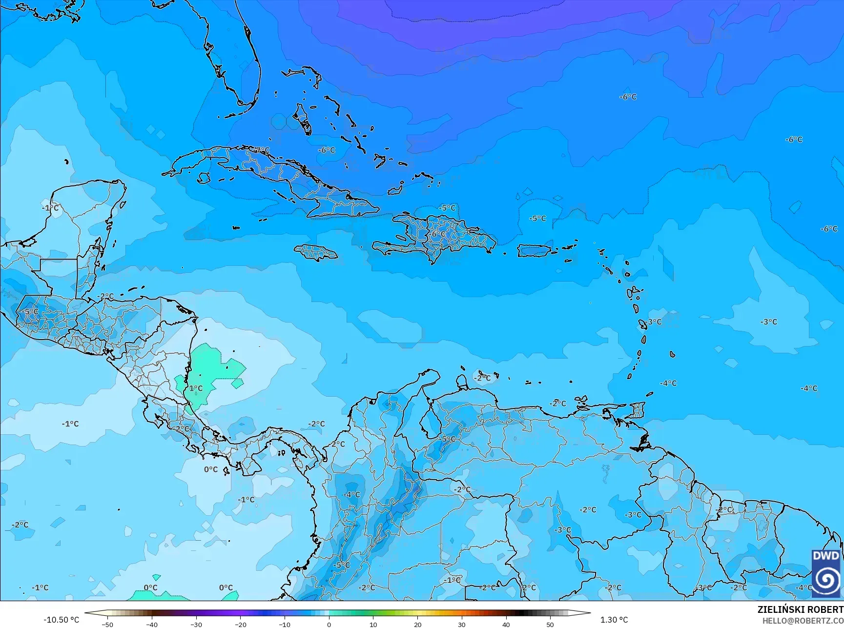 ICON model - Karibia, Suhu 500 hPa