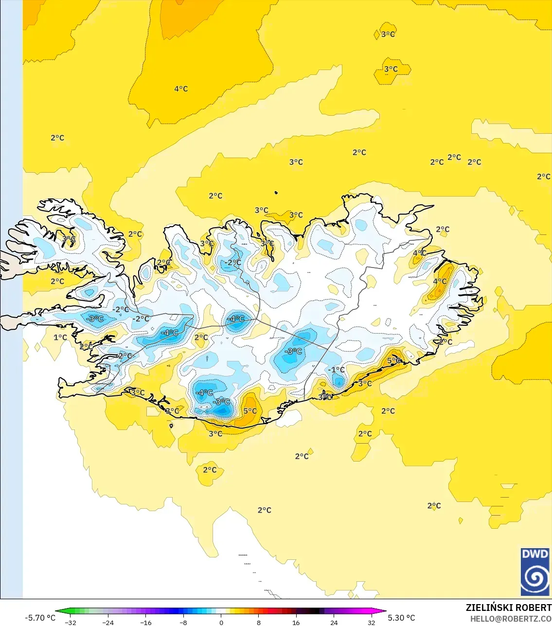 ICON model - Islandia, Anomali Suhu 2 m