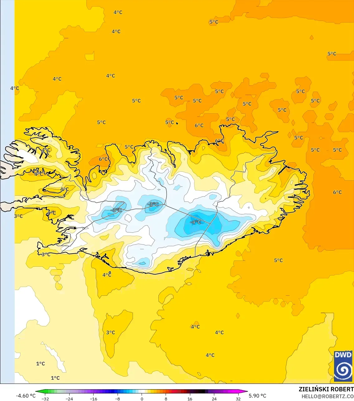 ICON model - Islandia, Anomali Suhu 850 hPa