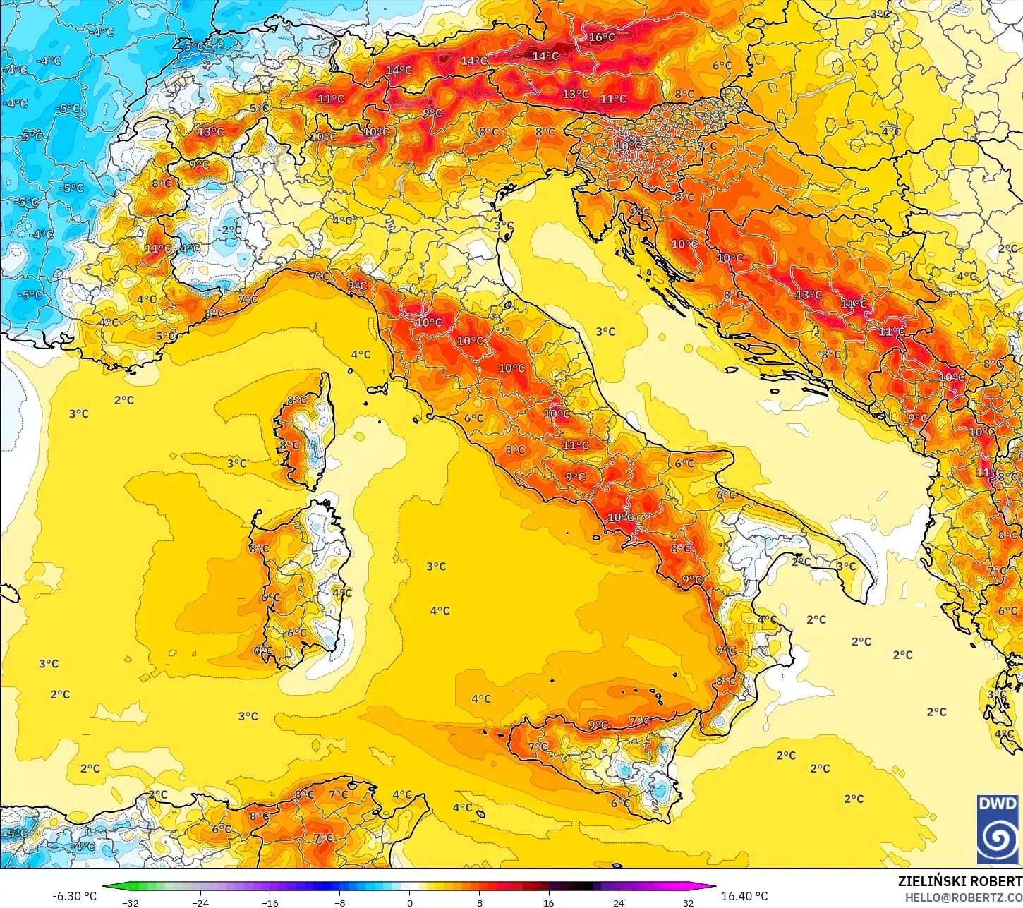 ICON model - Italia, Anomali Suhu 2 m