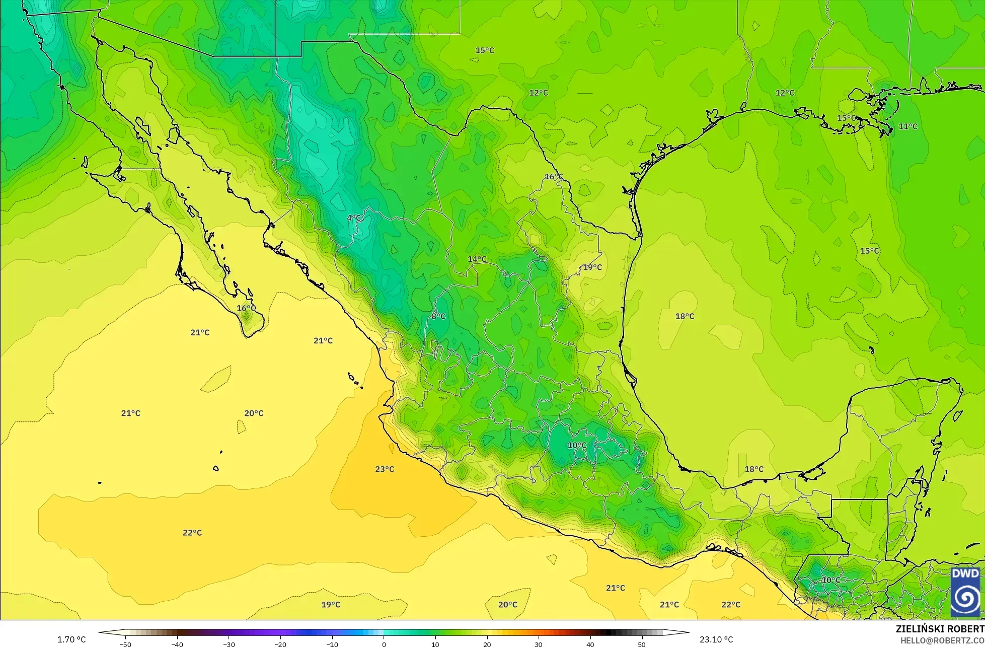 ICON model - Meksiko, Suhu 850 hPa