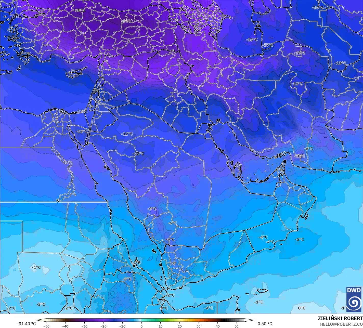 ICON model - Timur Tengah, Suhu 500 hPa