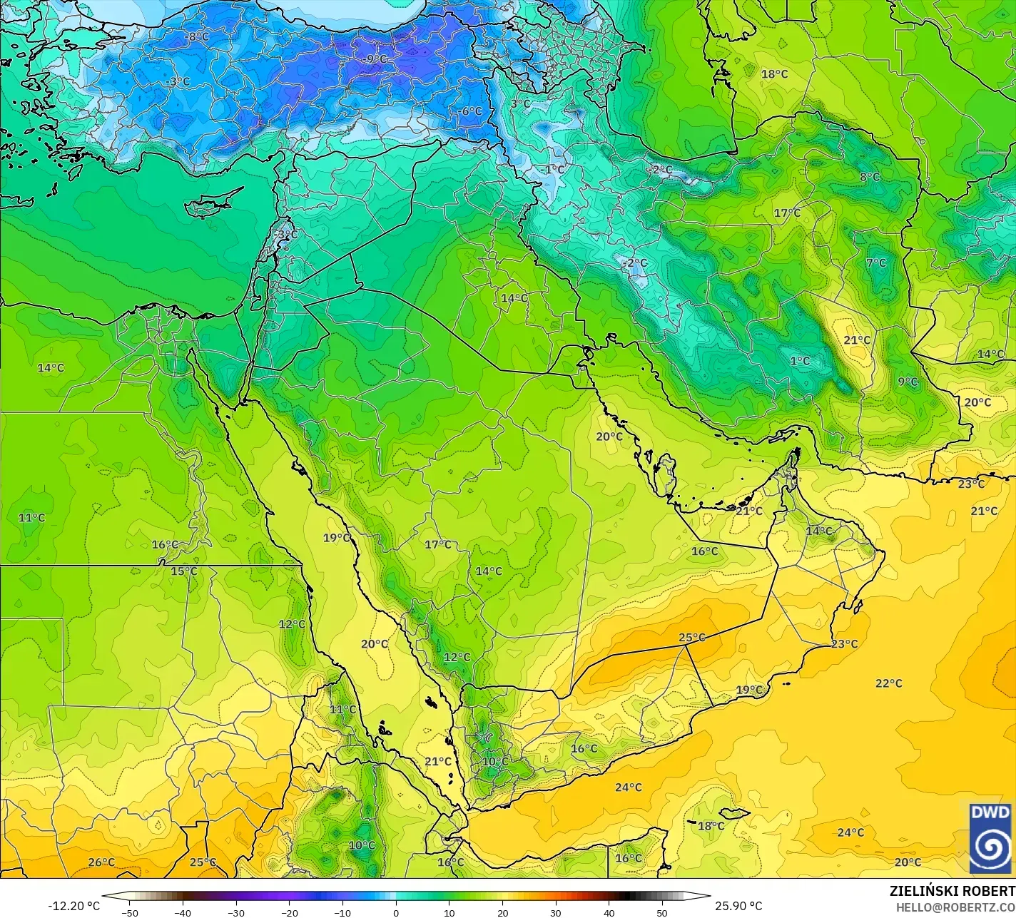 ICON model - Timur Tengah, Suhu 850 hPa