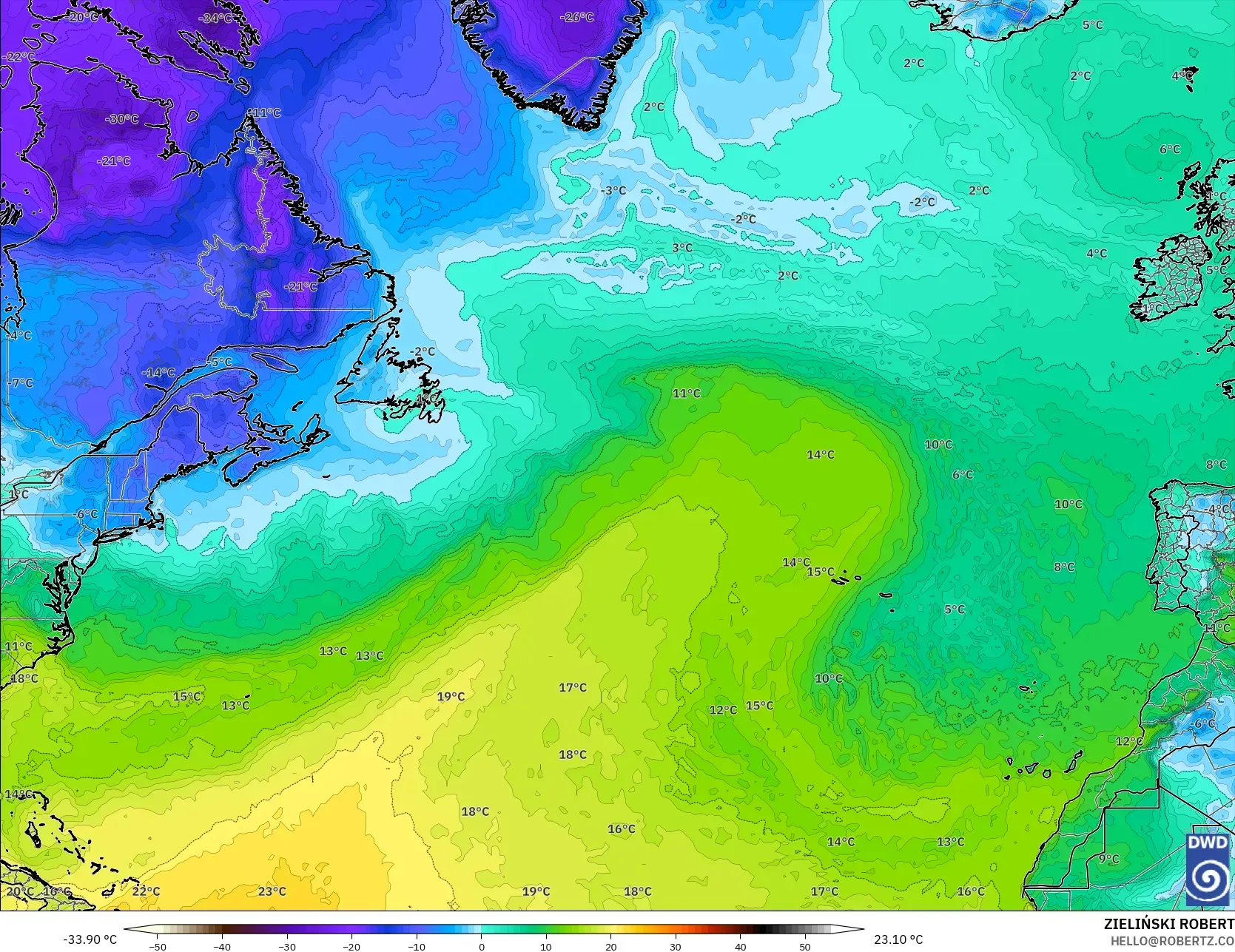 ICON model - Atlantik Utara, Titik Embun 2 m