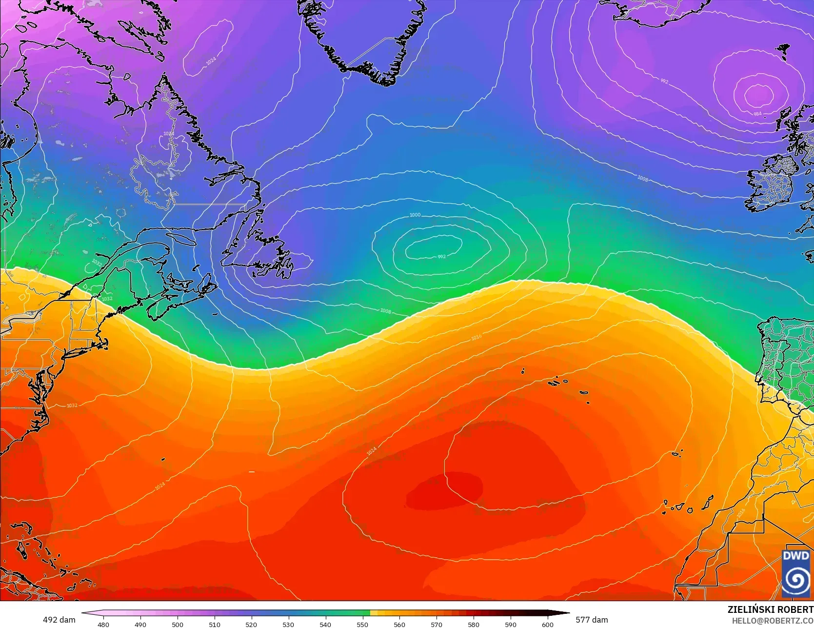 ICON model - Atlantik Utara, Ketinggian geopotensial pada 500 hPa