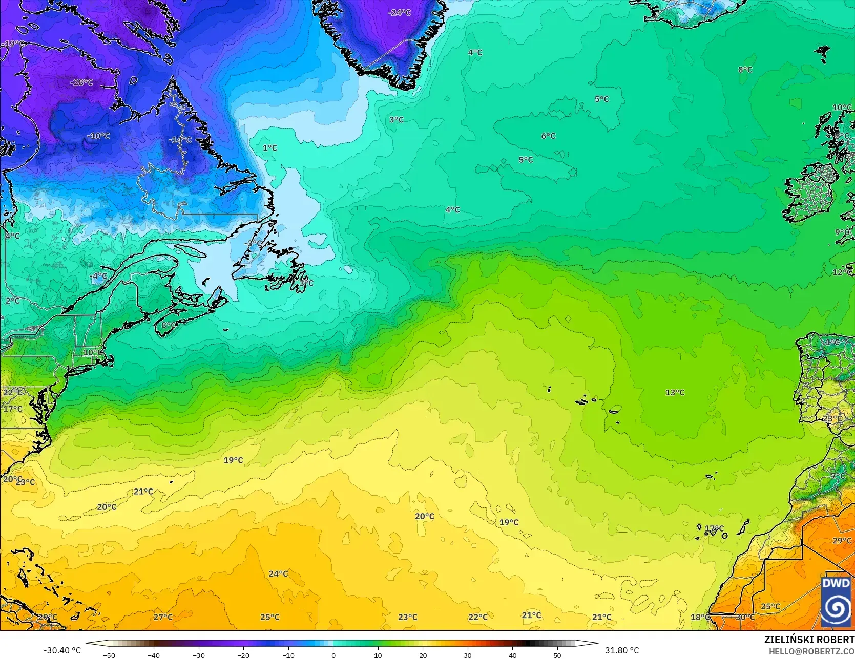 ICON model - Atlantik Utara, Suhu 2 m