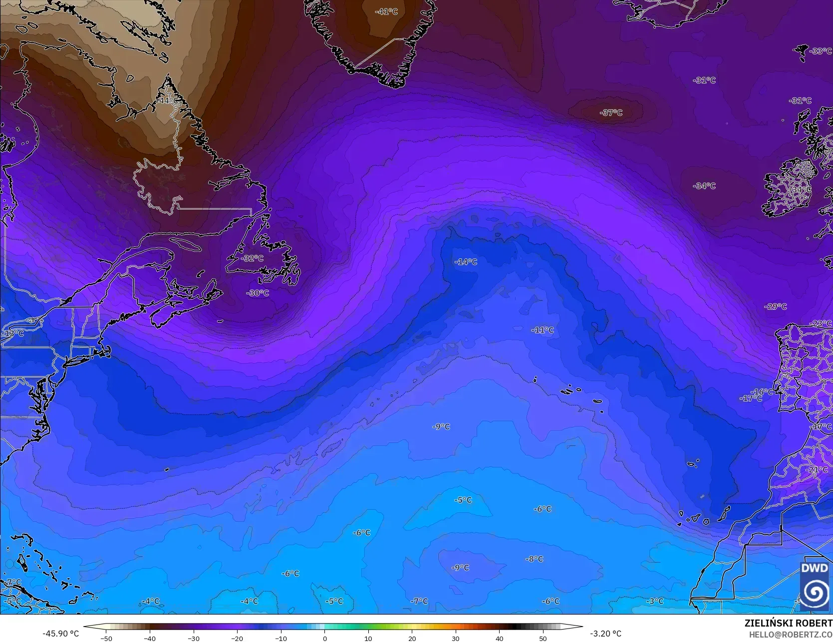 ICON model - Atlantik Utara, Suhu 500 hPa