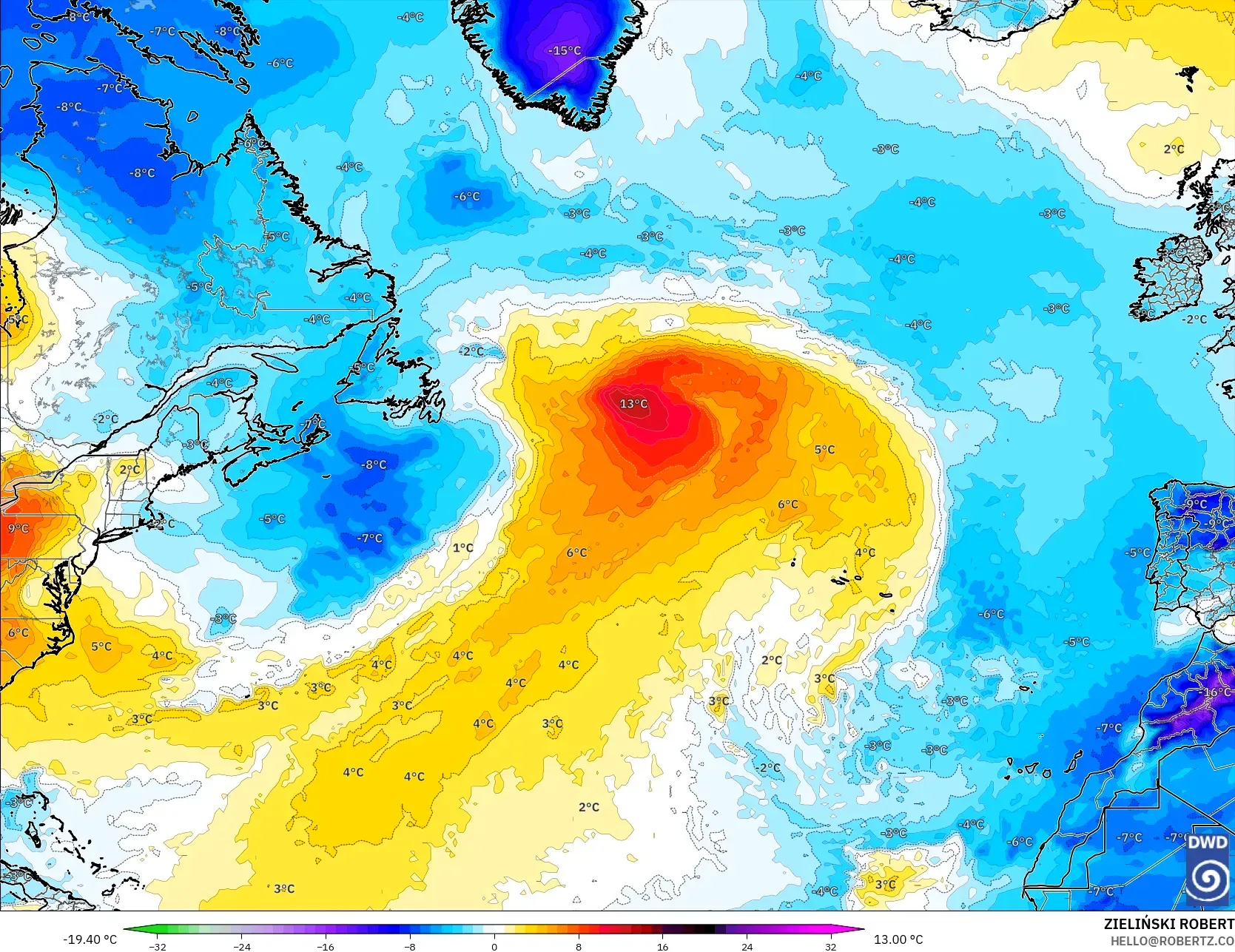 ICON model - Atlantik Utara, Anomali Suhu 850 hPa