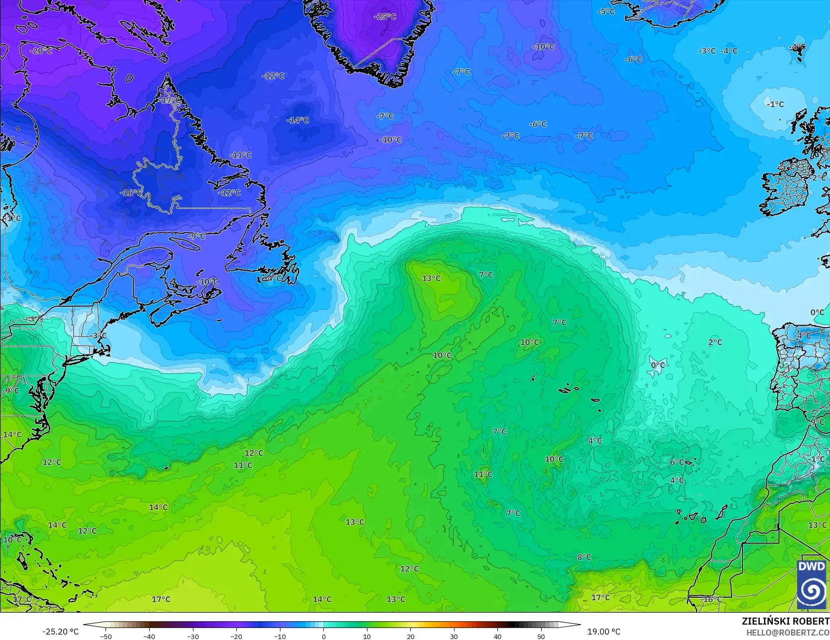 ICON model - Atlantik Utara, Suhu 850 hPa