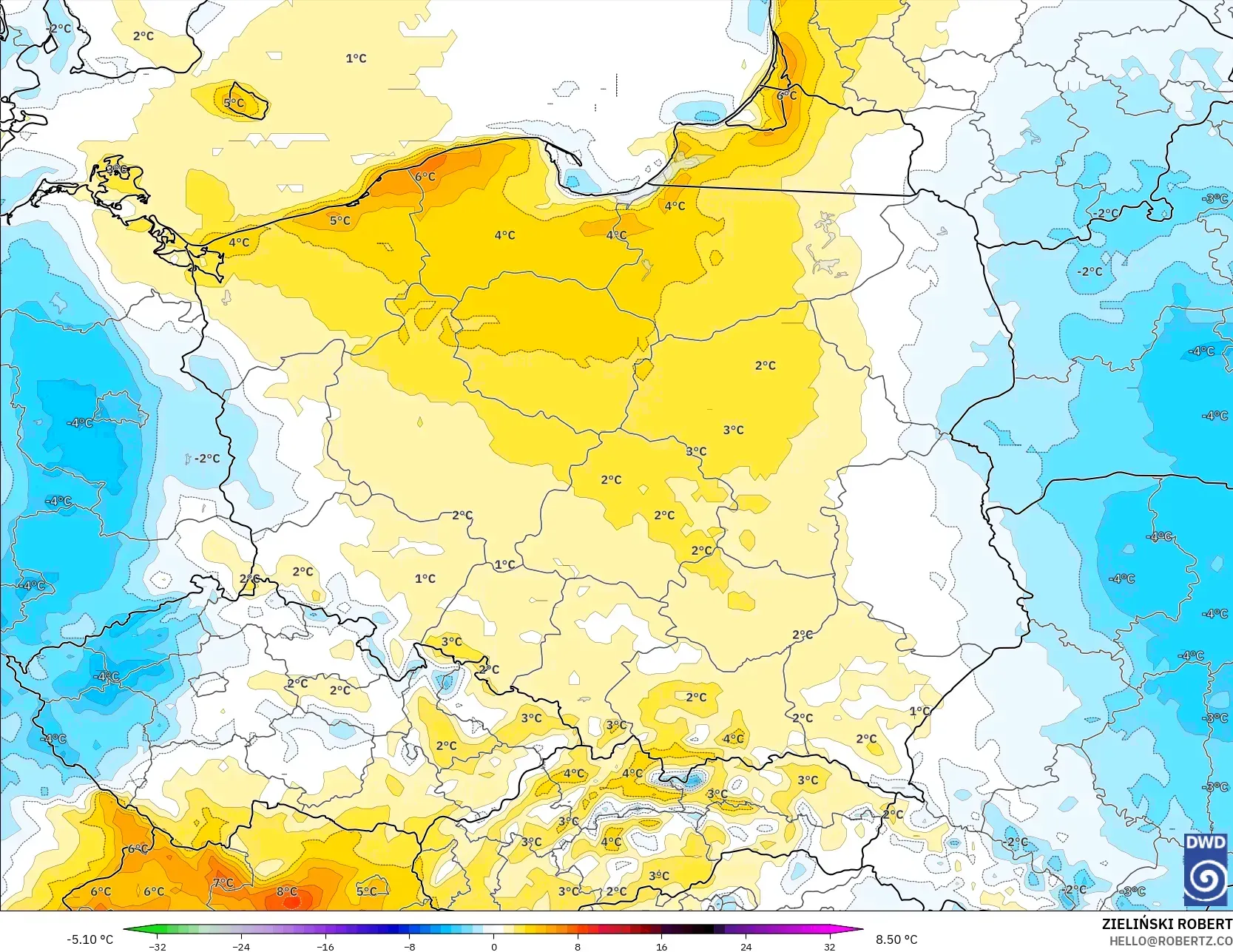ICON model - Polandia, Anomali Suhu 2 m