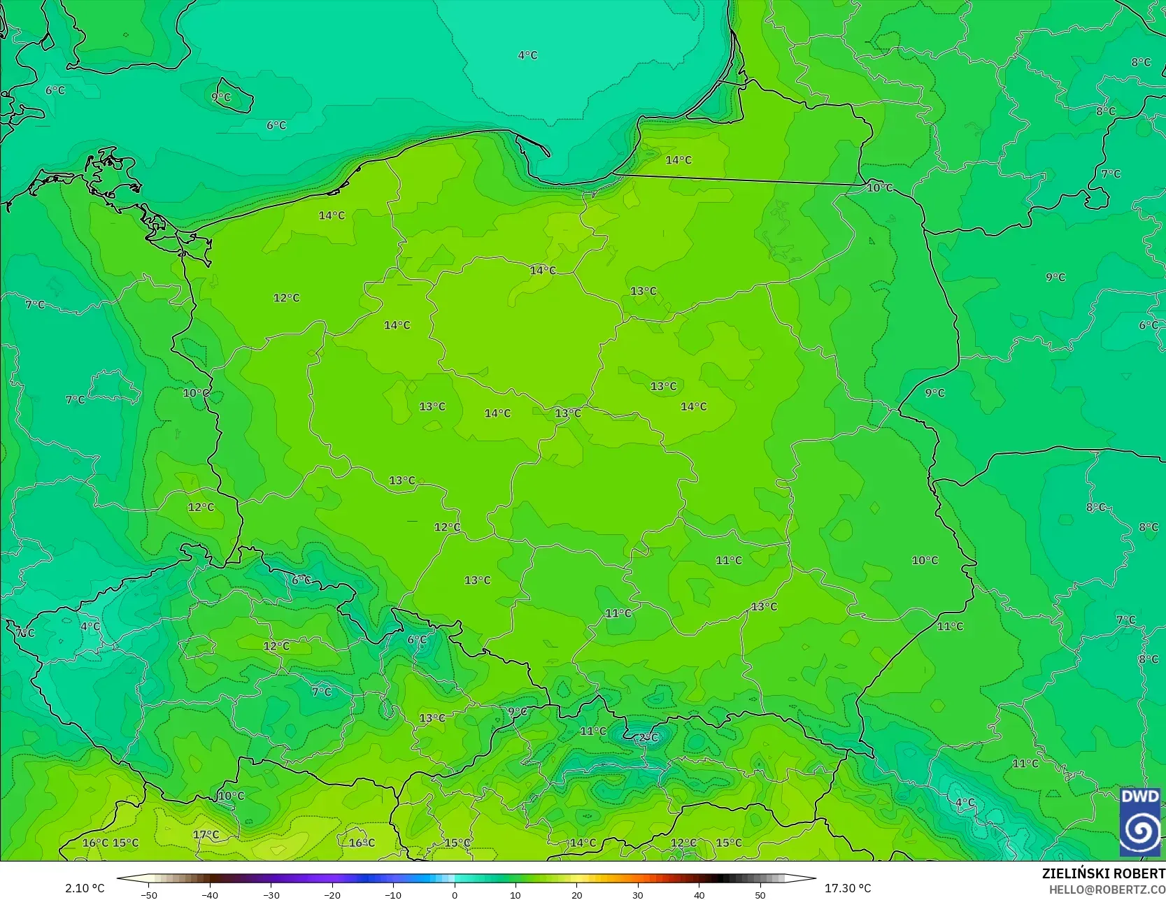 ICON model - Polandia, Suhu 2 m