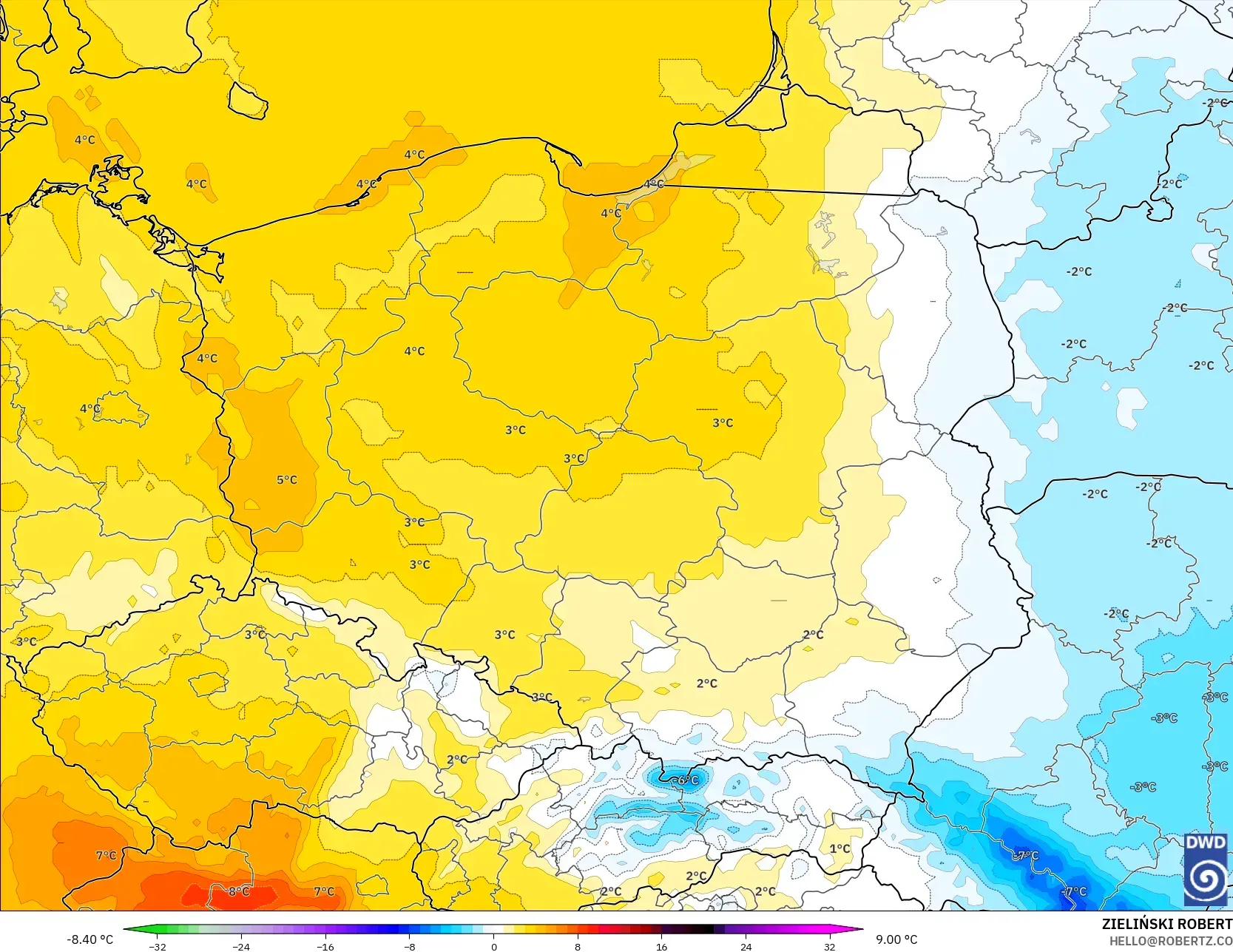 ICON model - Polandia, Anomali Suhu 850 hPa
