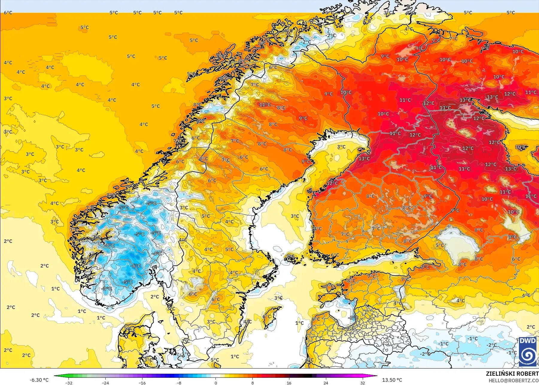 ICON model - Skandinavia, Anomali Suhu 2 m