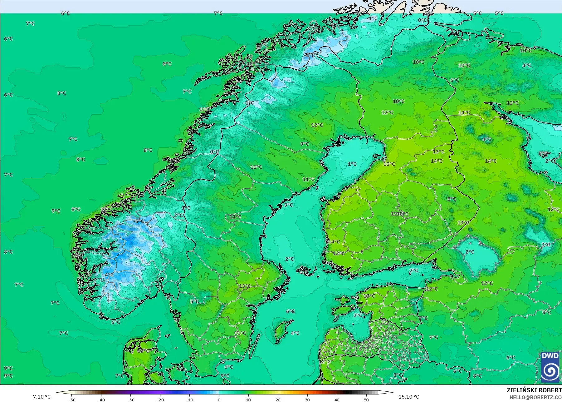 ICON model - Skandinavia, Suhu 2 m