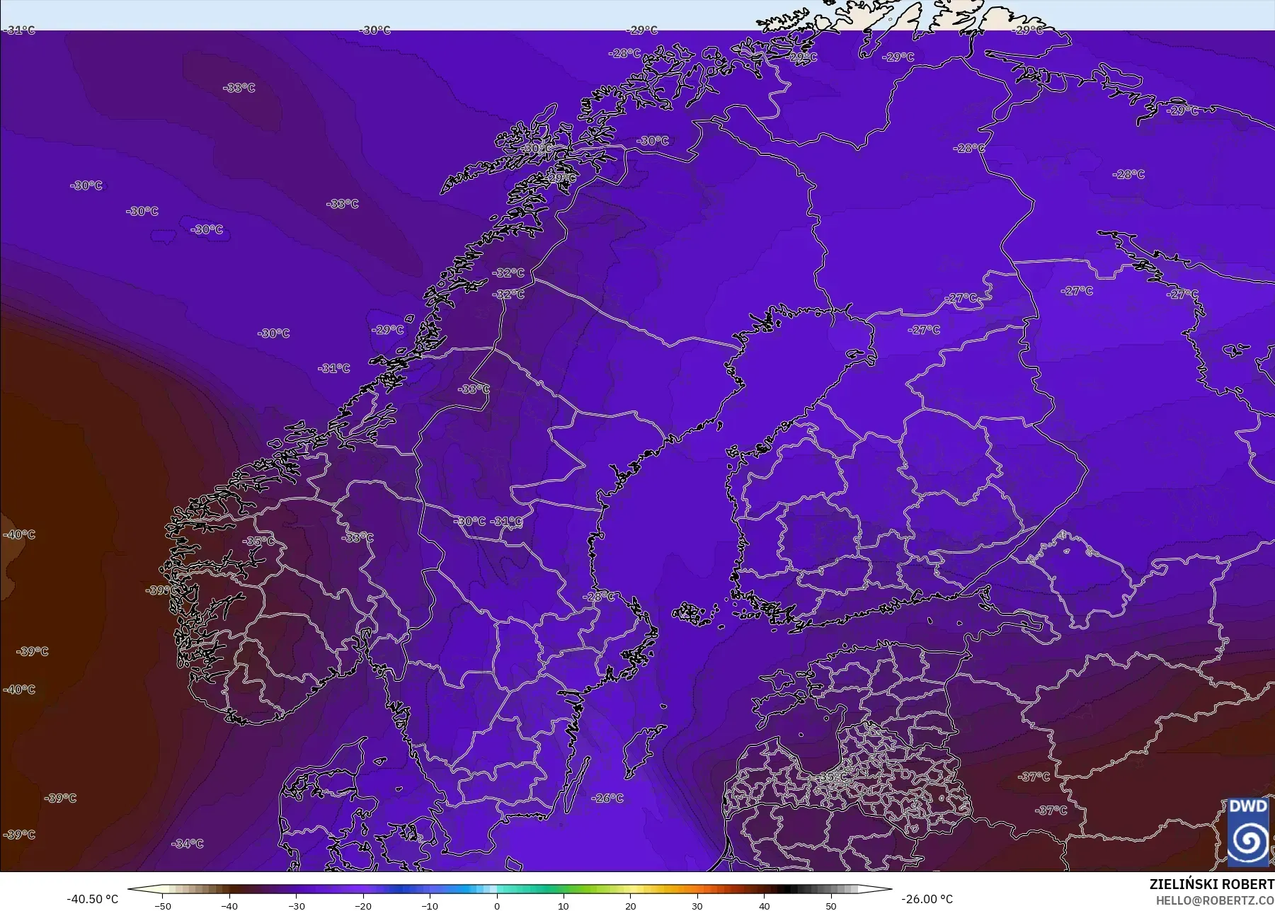 ICON model - Skandinavia, Suhu 500 hPa