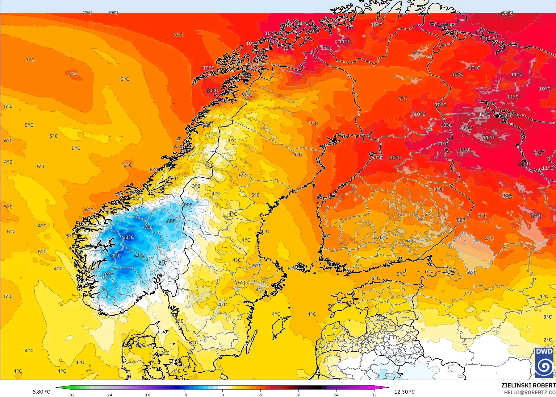 ICON model - Skandinavia, Anomali Suhu 850 hPa