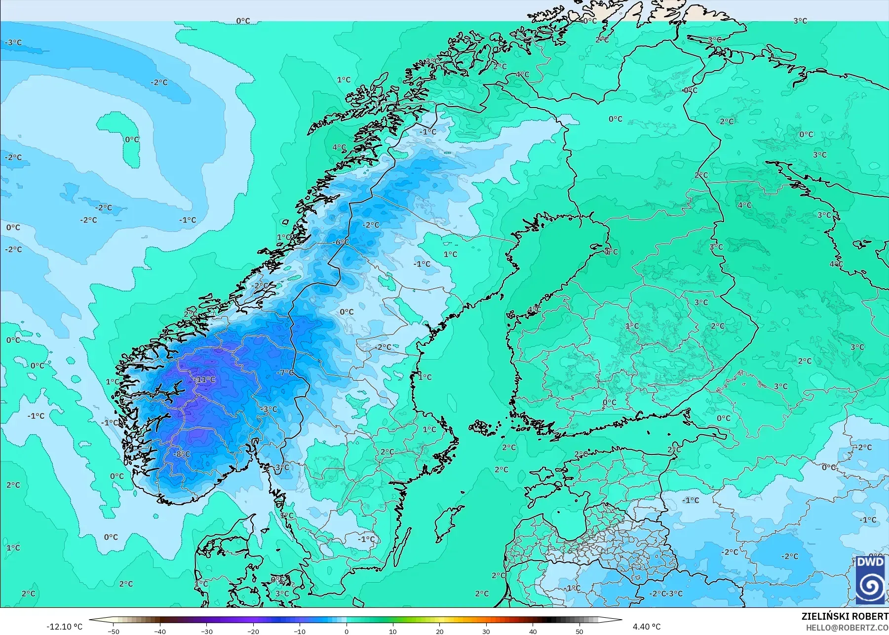 ICON model - Skandinavia, Suhu 850 hPa