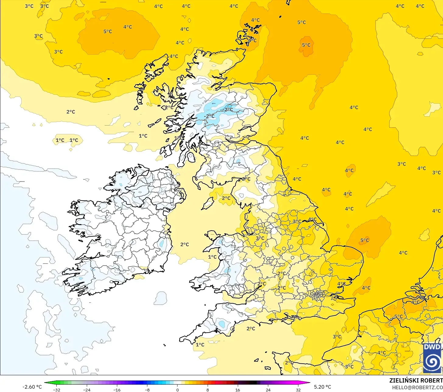 ICON model - Britania Raya, Anomali Suhu 850 hPa