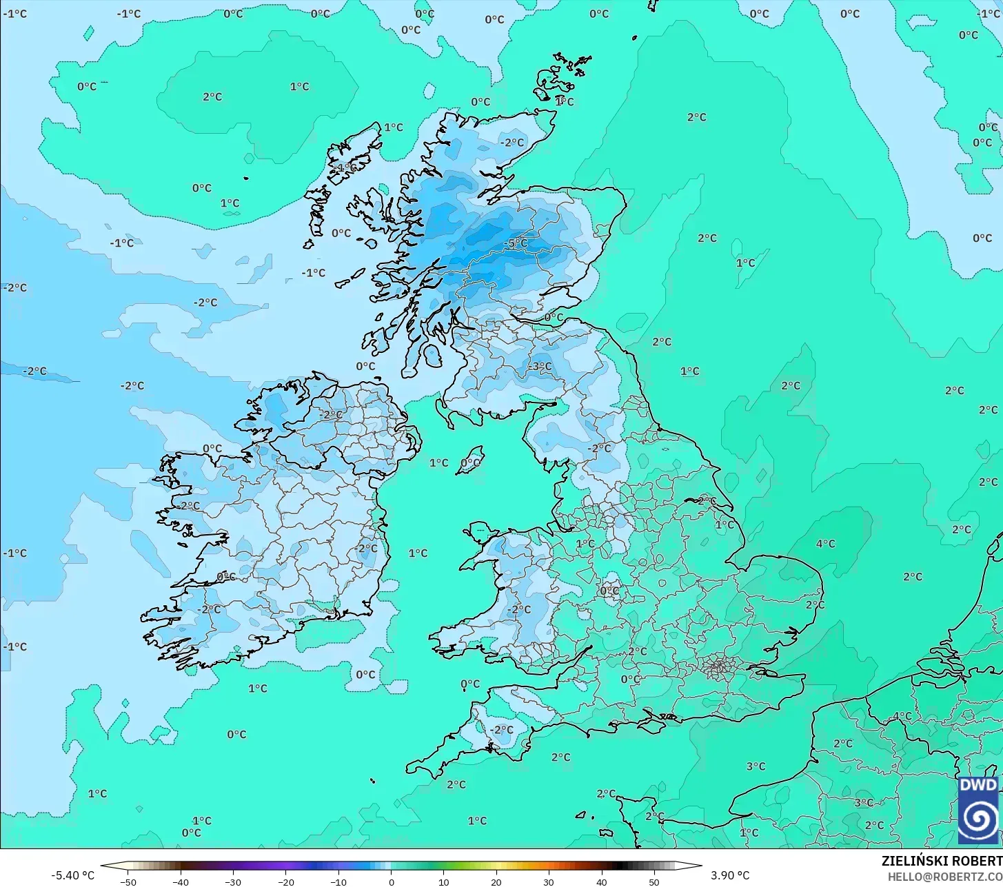ICON model - Britania Raya, Suhu 850 hPa