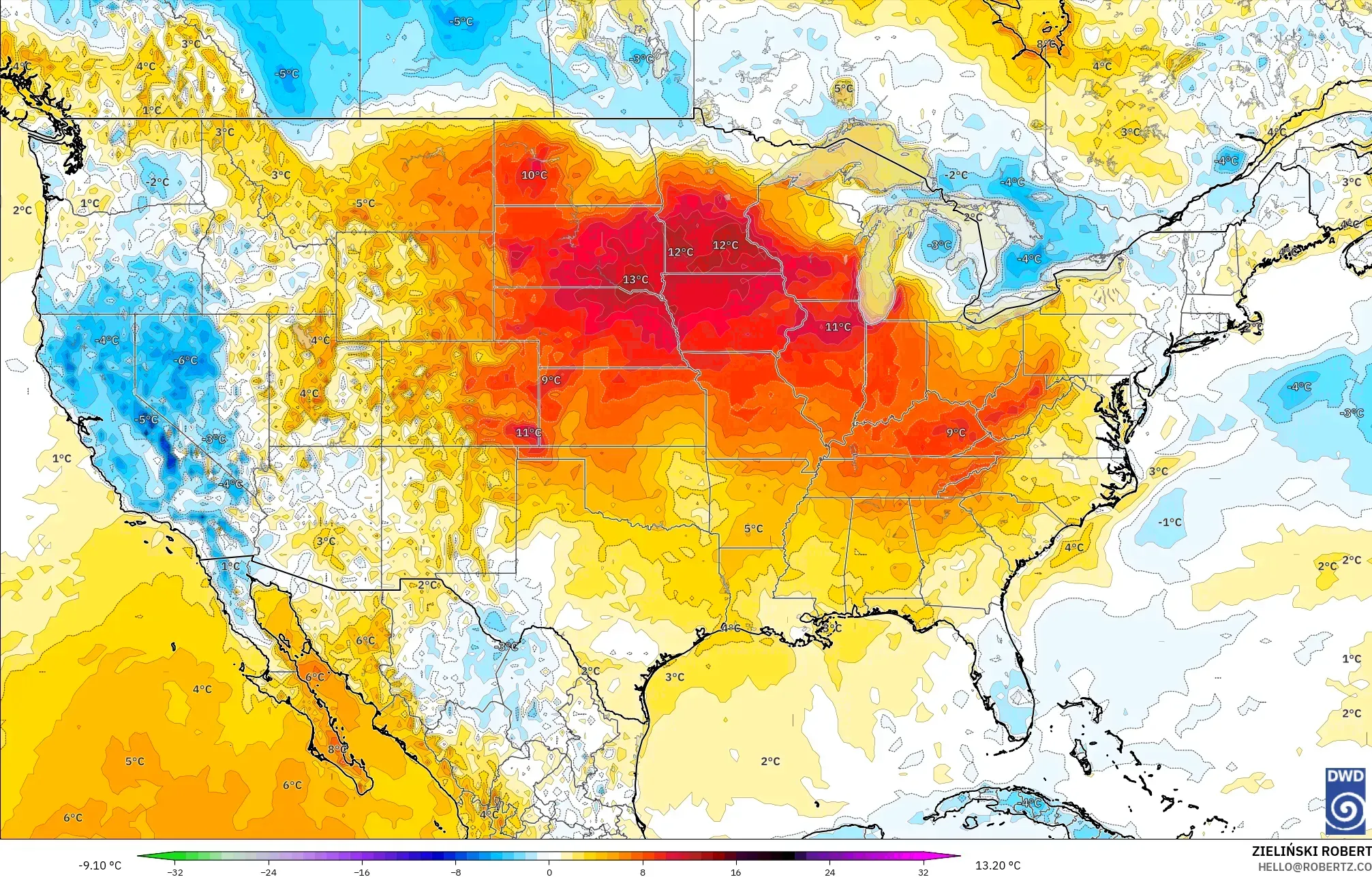 ICON model - Amerika Serikat, Anomali Suhu 2 m