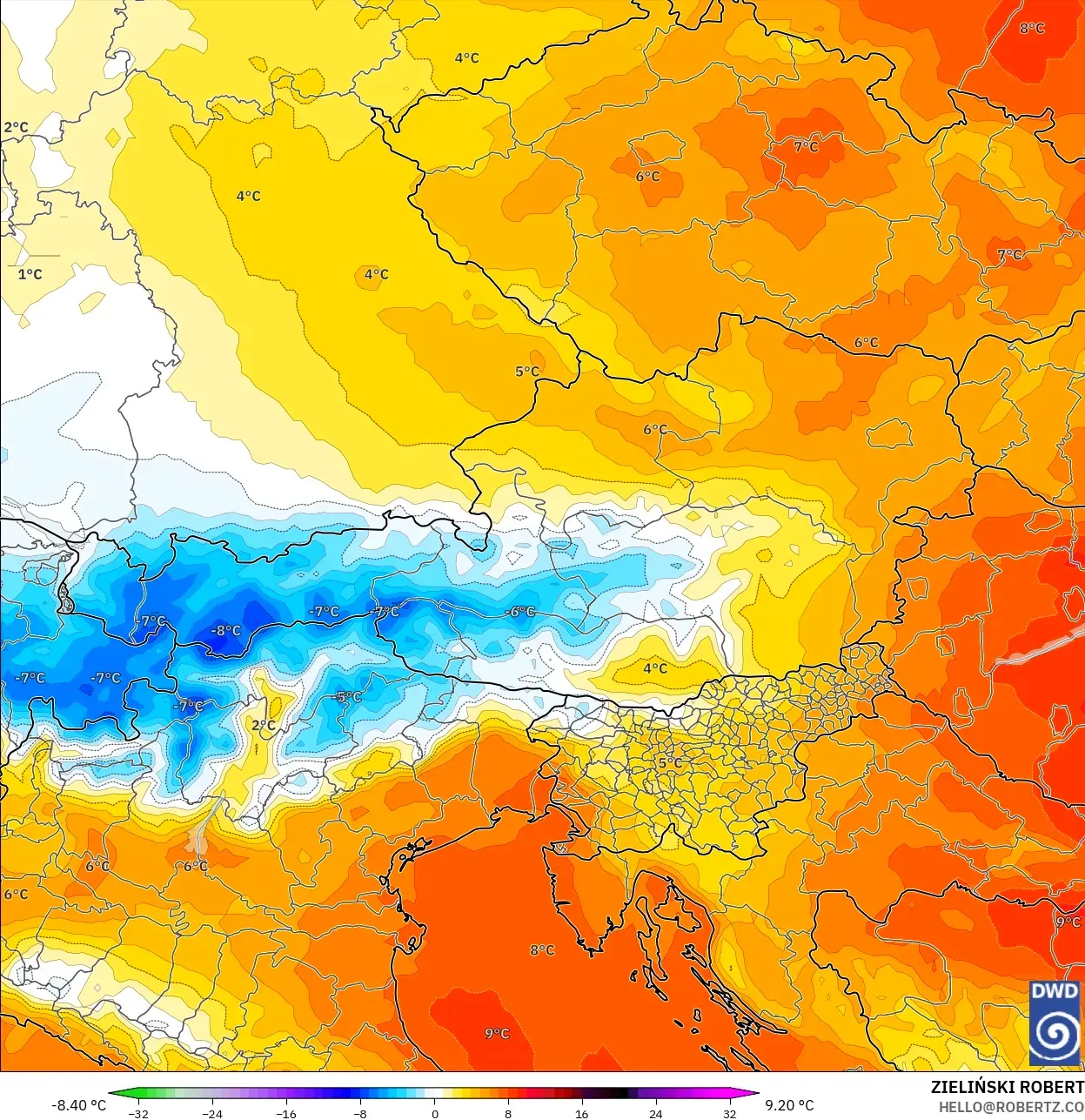 ICON model - Austria, Temperature at 850hPa Anomaly