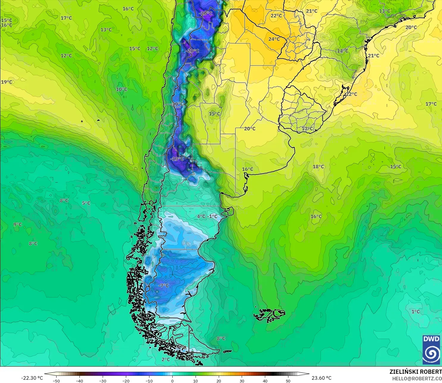 ICON model - Argentina, Dewpoint at 2m
