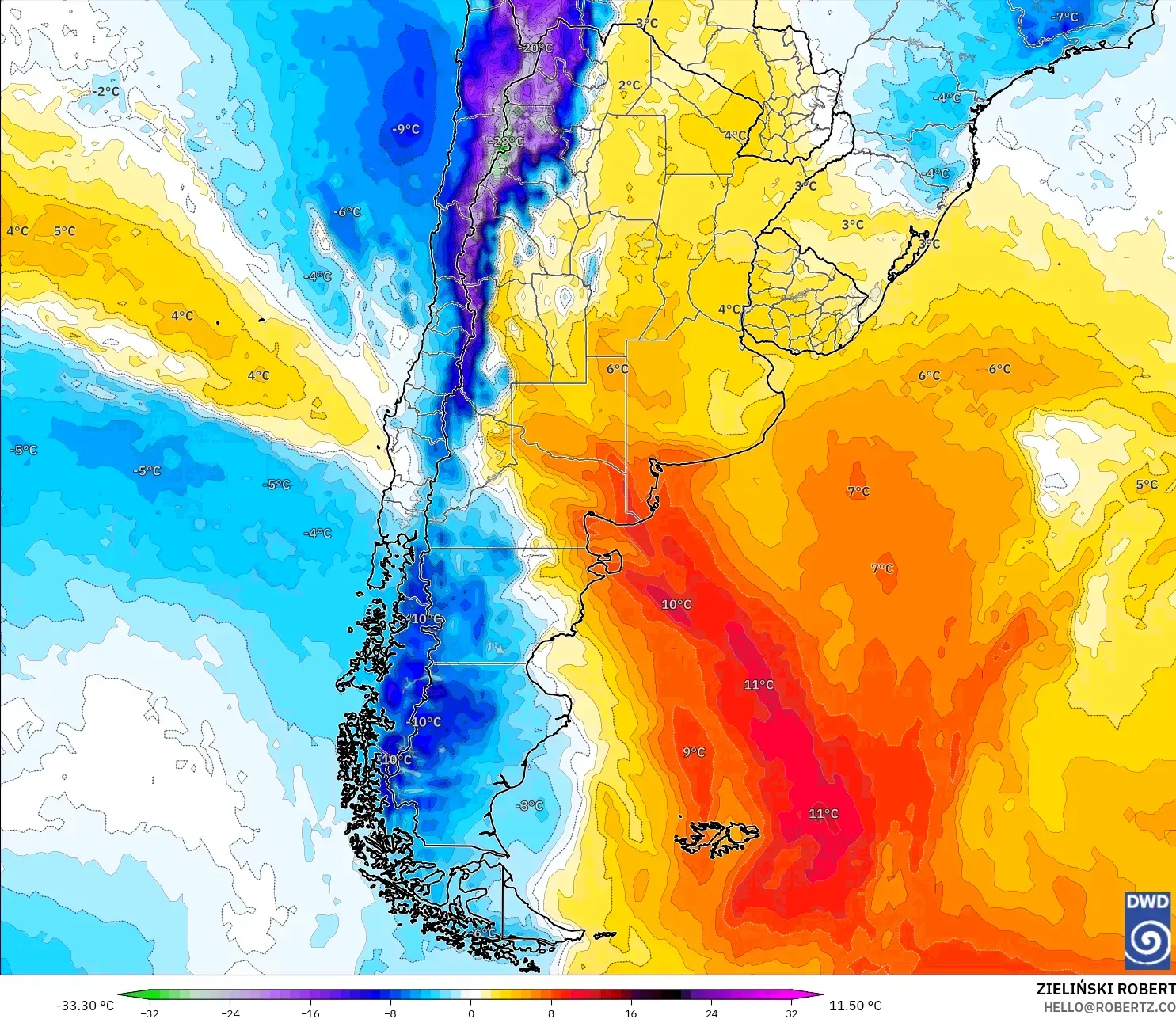 ICON model - Argentina, Temperature at 850hPa Anomaly