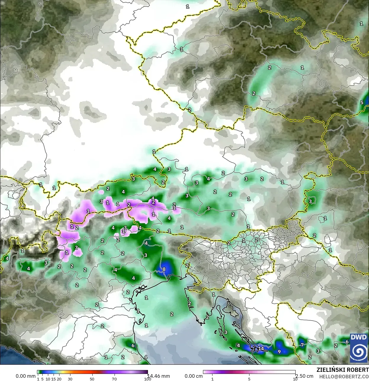 ICON model - Austria, Precipitation, Clouds, and Pressure