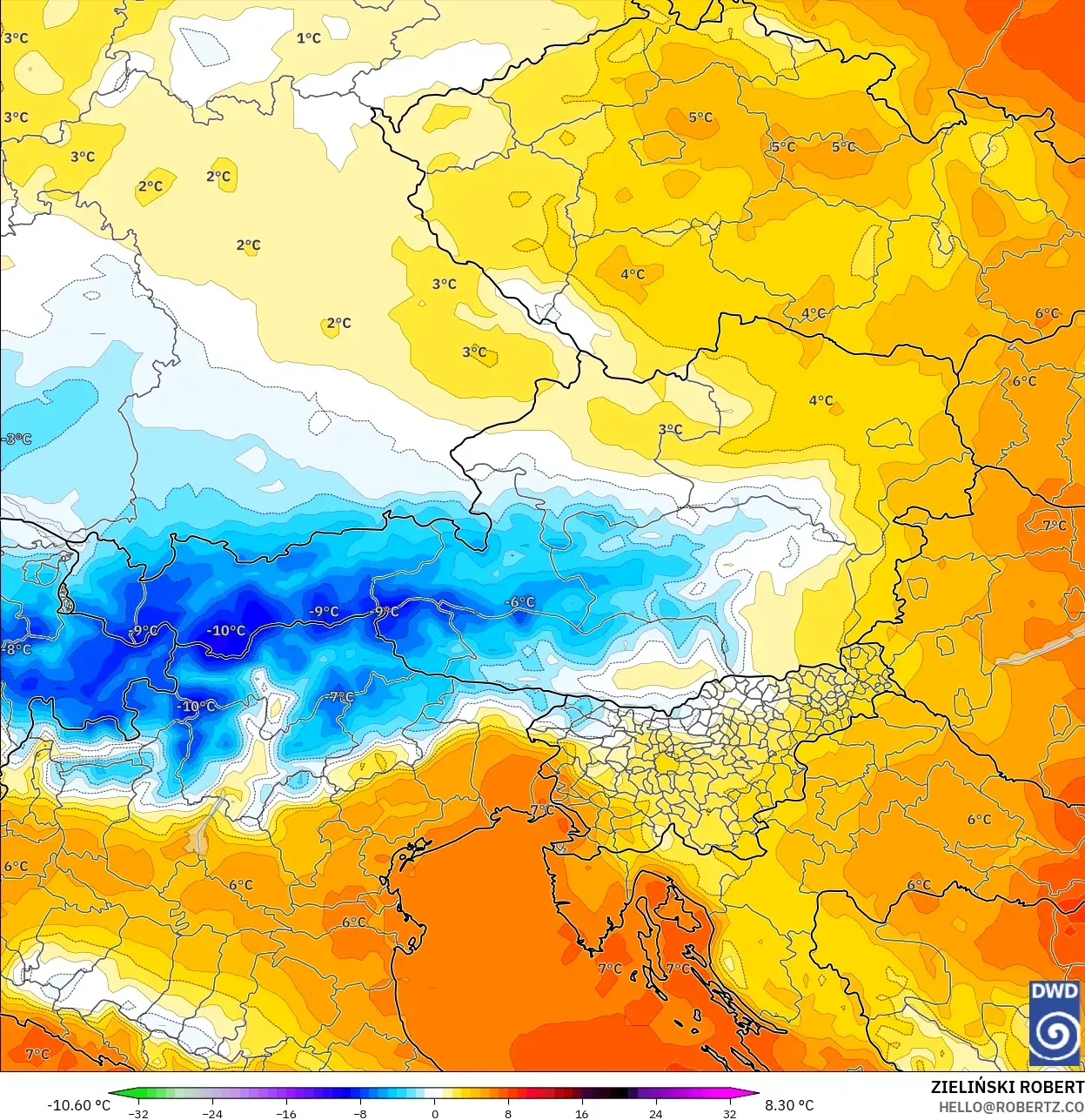ICON model - Austria, Temperature at 850hPa Anomaly