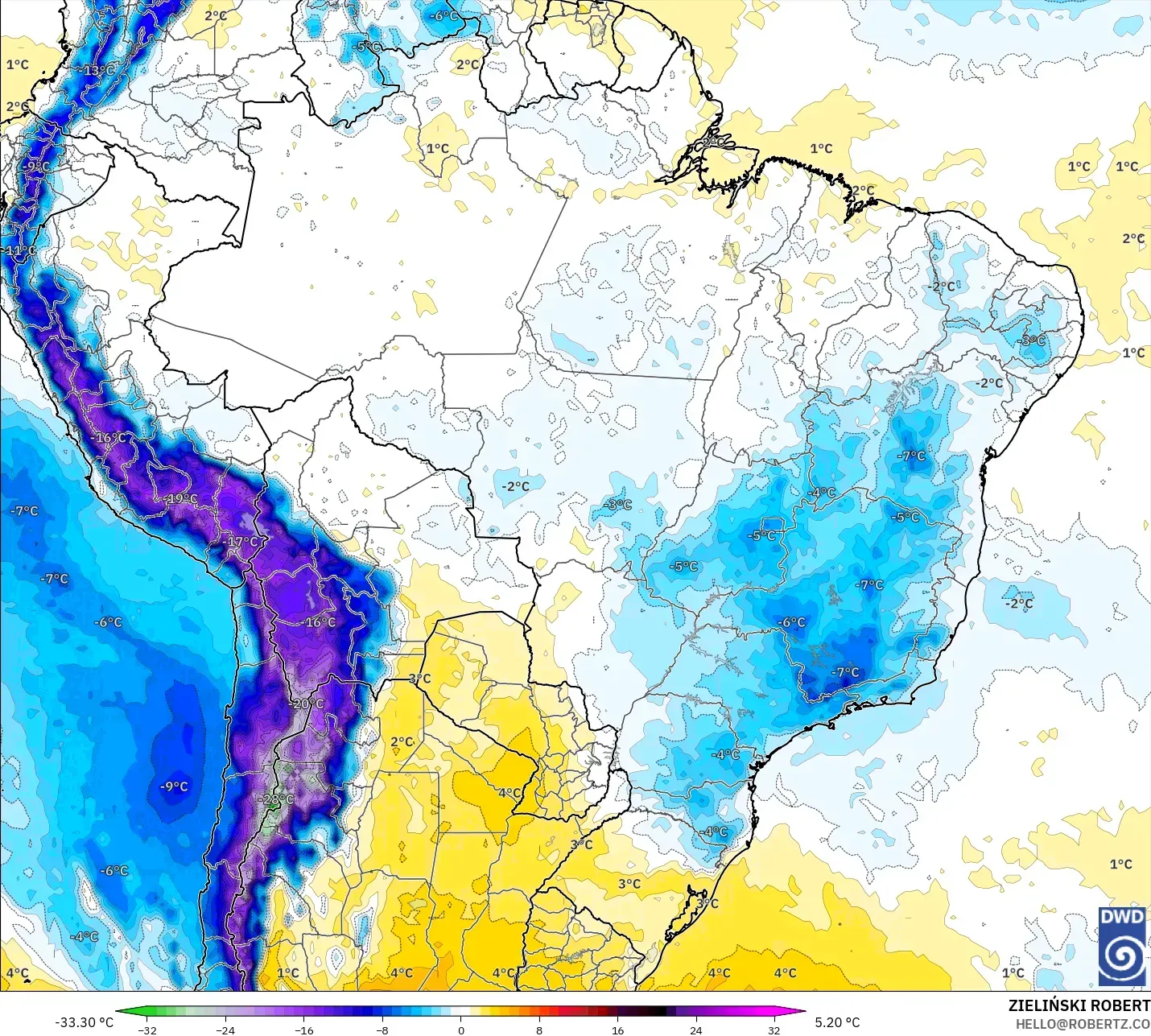 ICON model - Brazil, Temperature at 850hPa Anomaly
