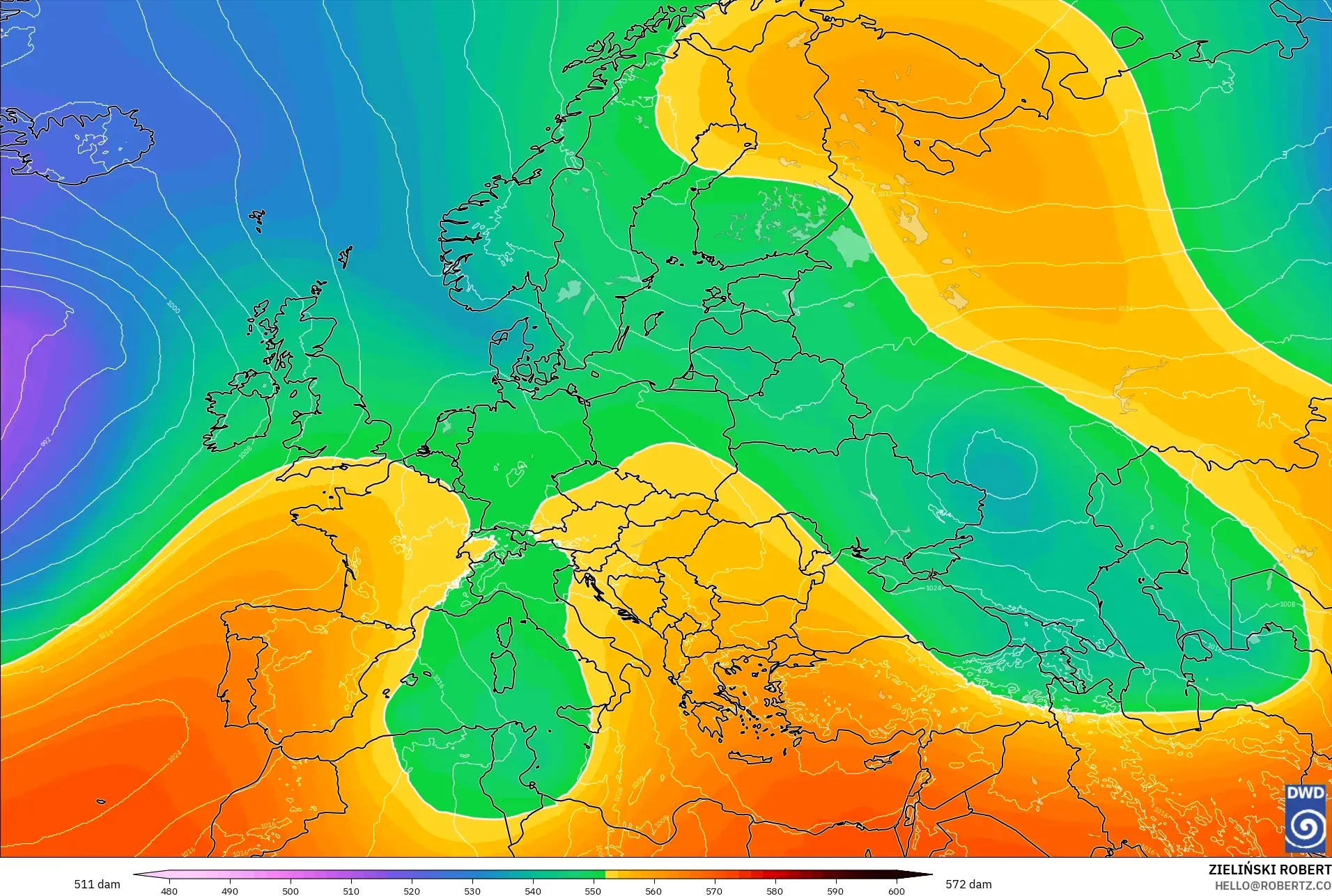ICON model - Europe, Geopotential height at 500hPa