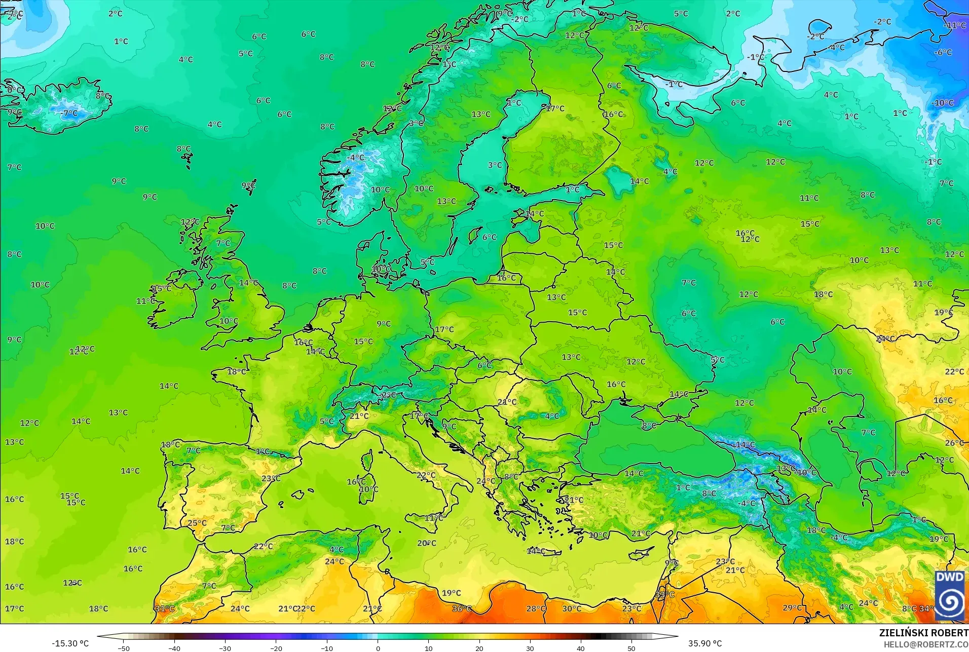 ICON model - Europe, Temperature at 2m