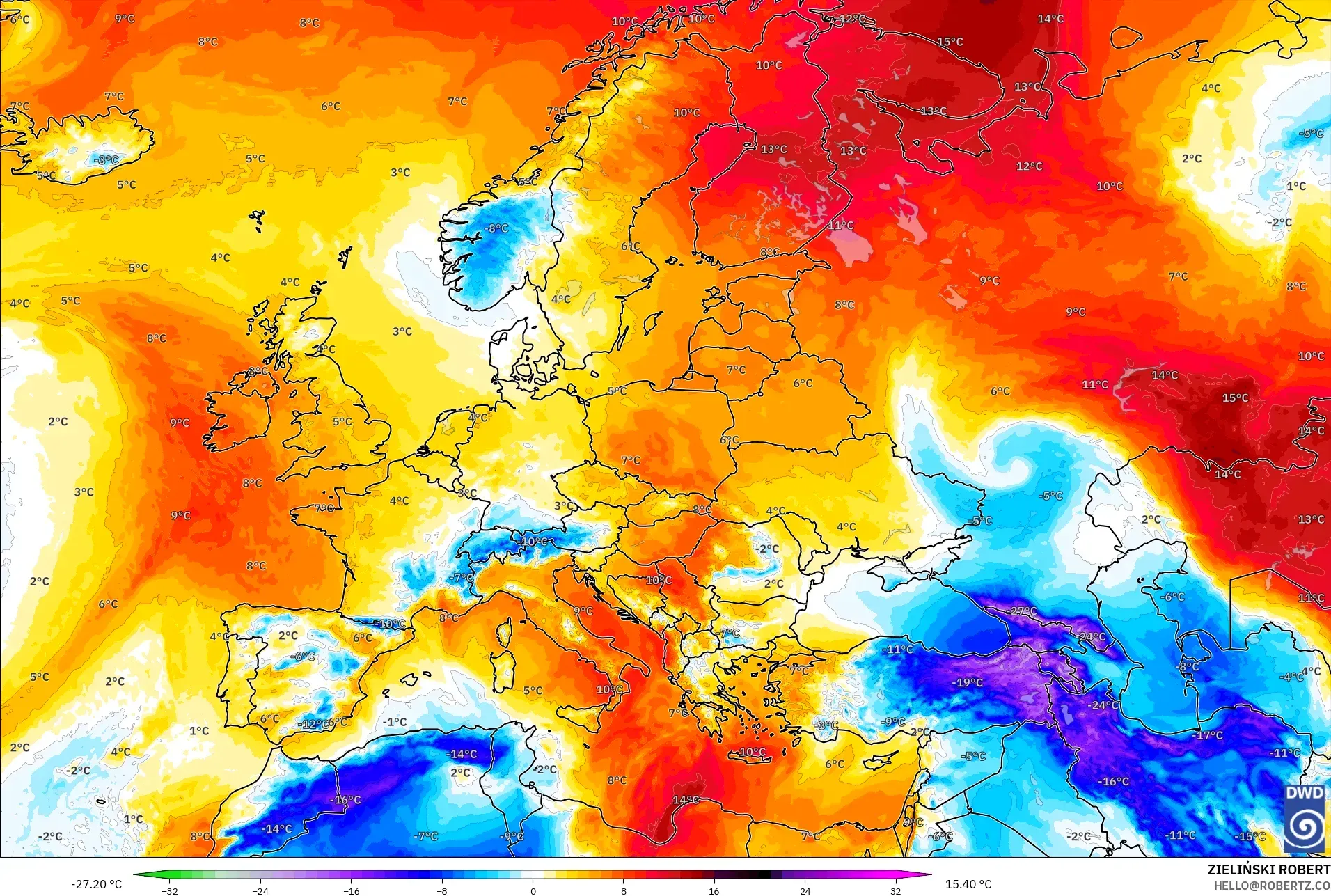 ICON model - Europe, Temperature at 850hPa Anomaly