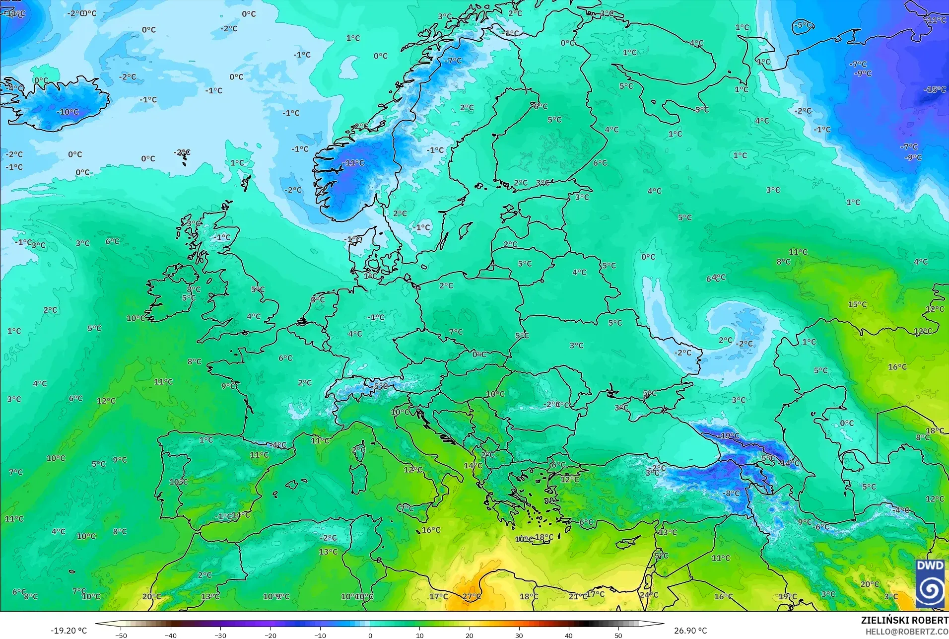 ICON model - Europe, Temperature at 850hPa