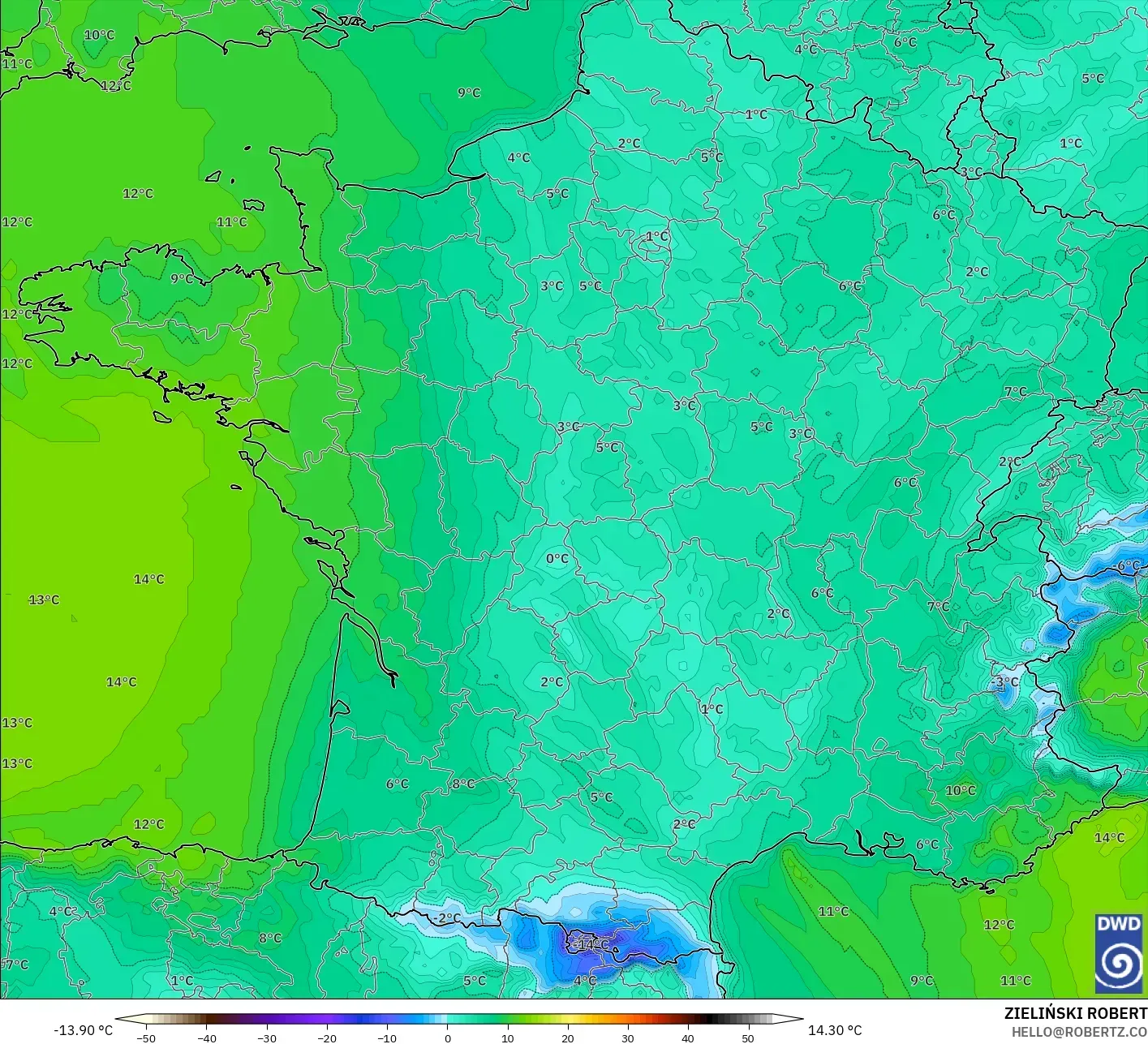 ICON model - France, Dewpoint at 2m