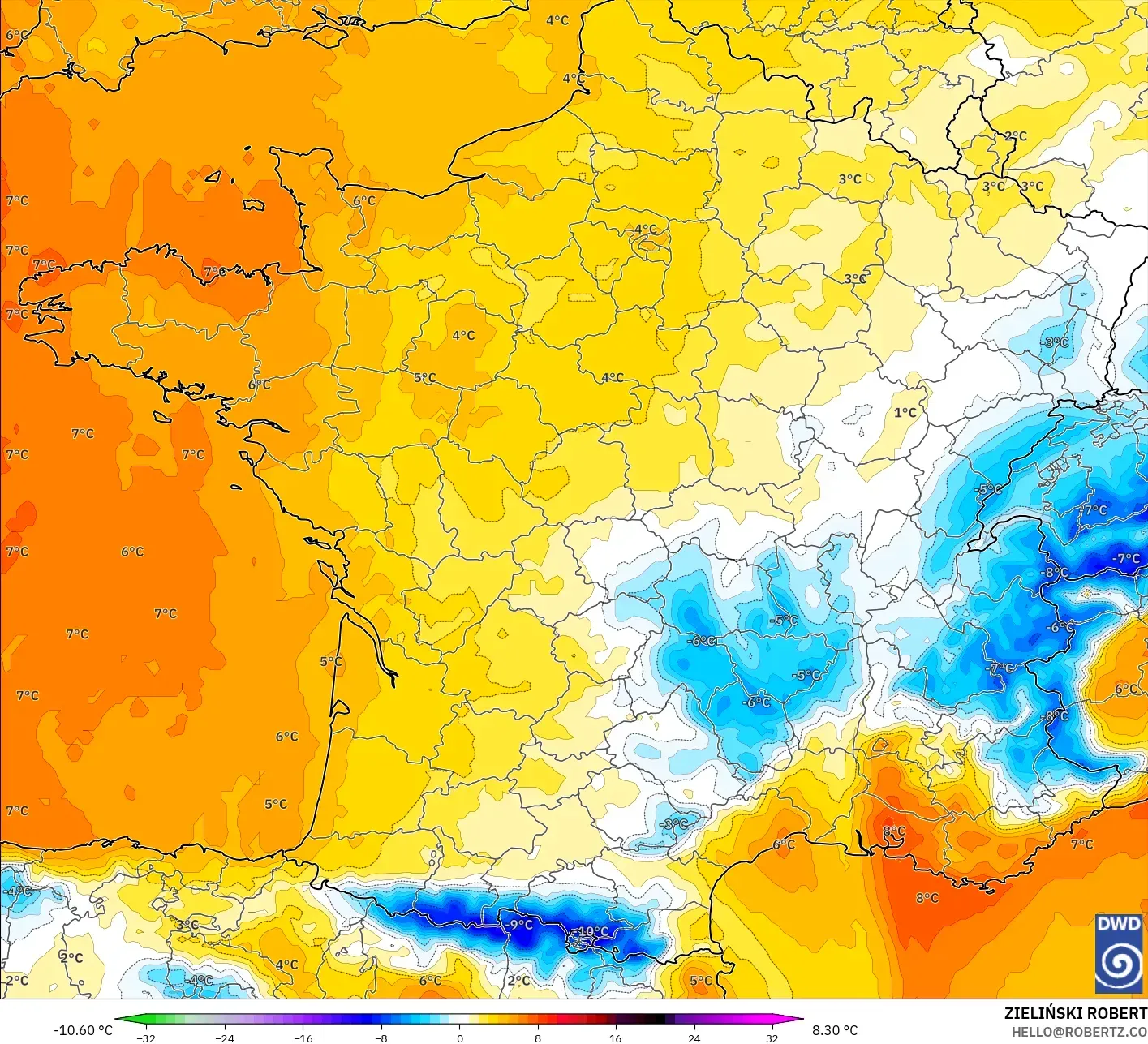 ICON model - France, Temperature at 850hPa Anomaly
