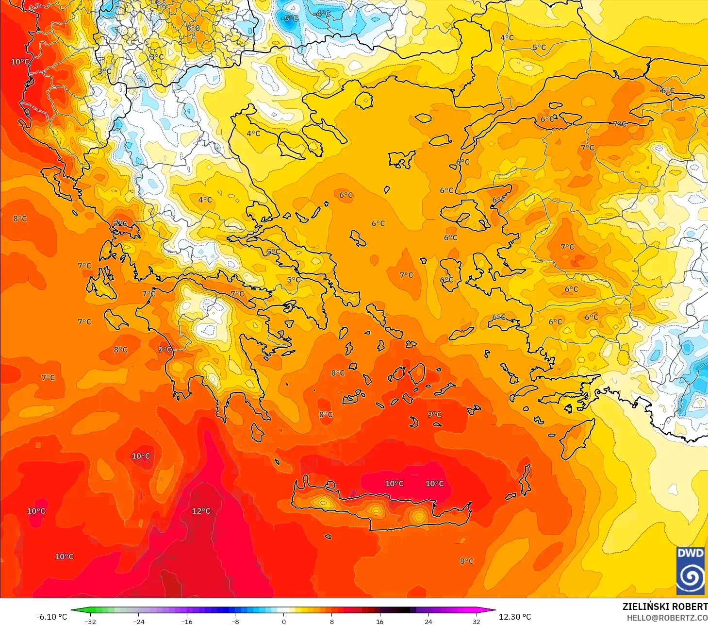 ICON model - Greece, Temperature at 850hPa Anomaly