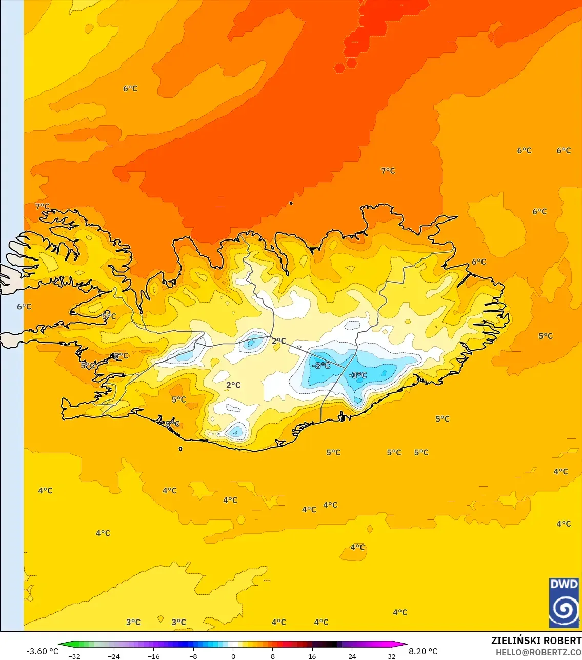 ICON model - Iceland, Temperature at 850hPa Anomaly