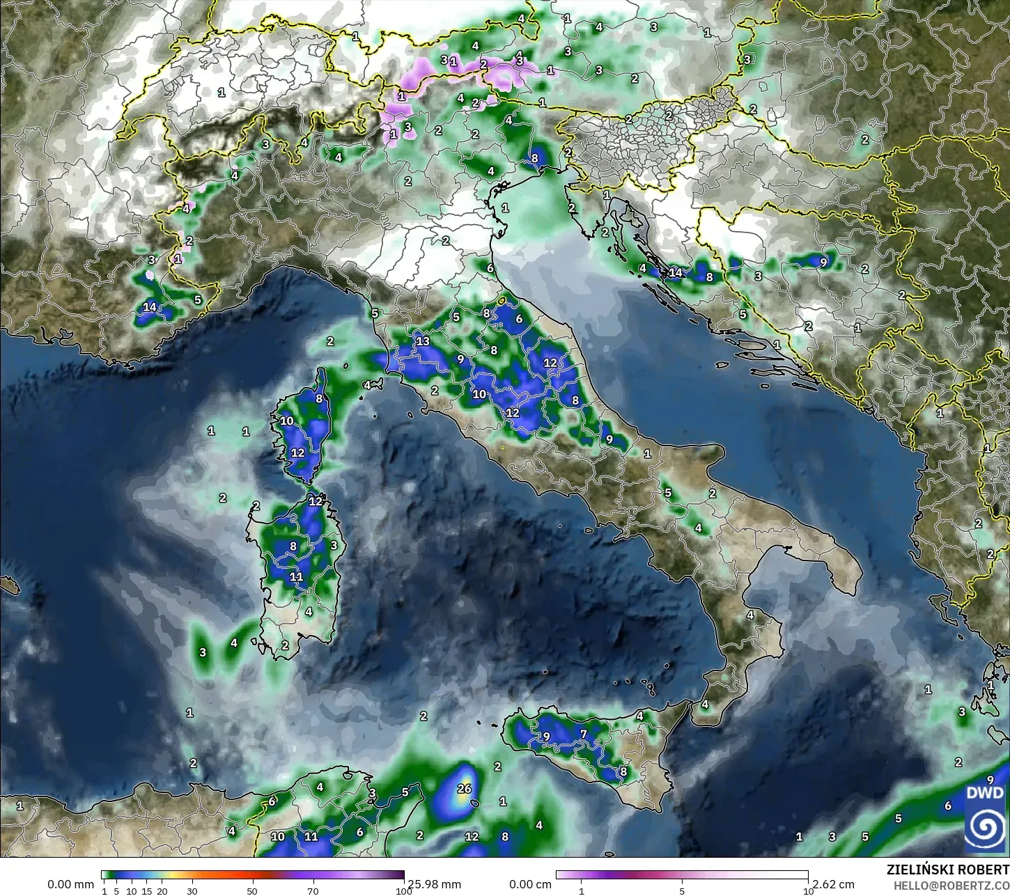ICON model - Italy, Precipitation, Clouds, and Pressure