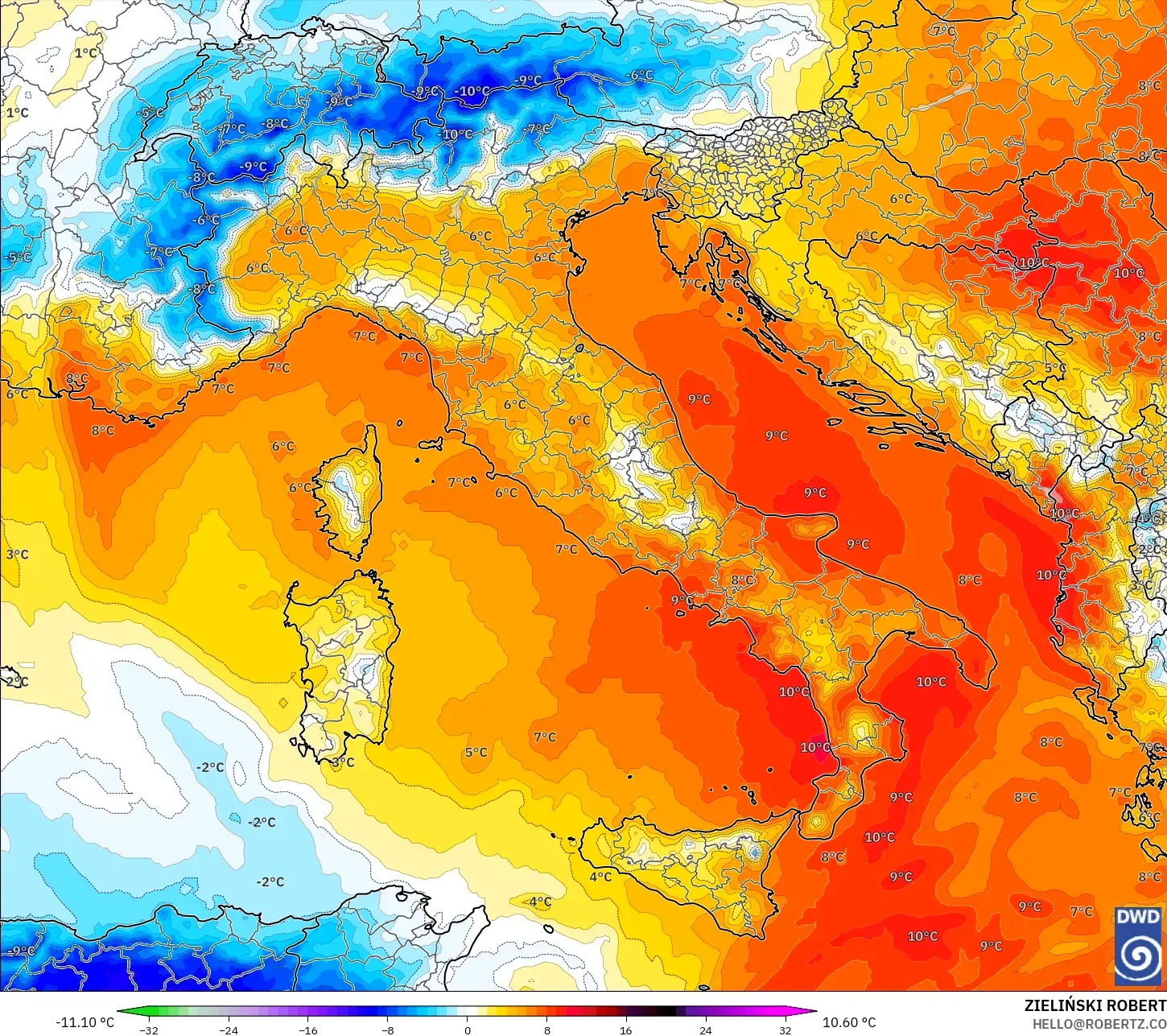 ICON model - Italy, Temperature at 850hPa Anomaly