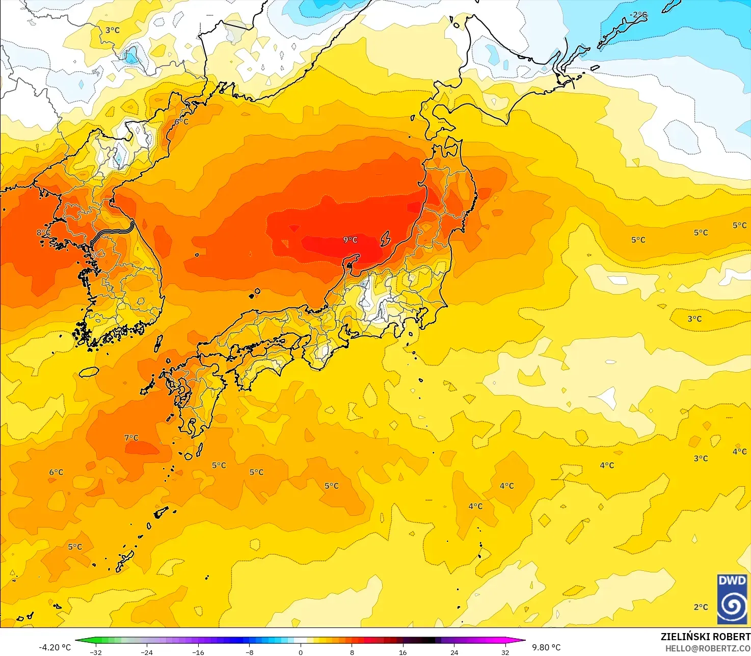 ICON model - Japan, Temperature at 850hPa Anomaly