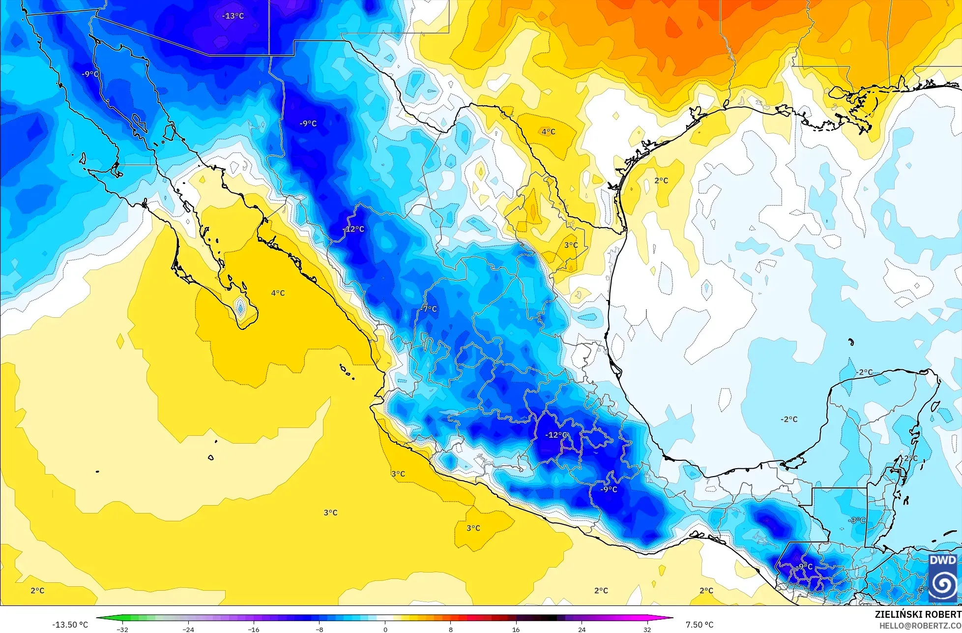 ICON model - Mexico, Temperature at 850hPa Anomaly