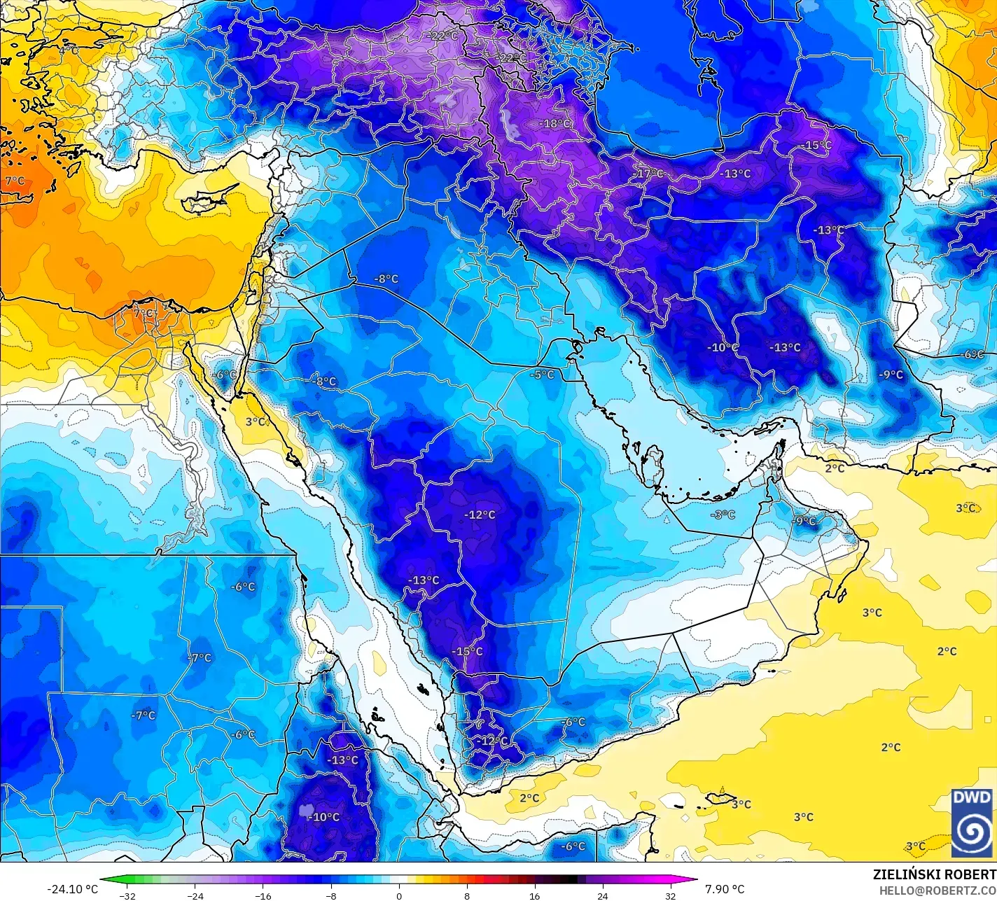 ICON model - Middle East, Temperature at 850hPa Anomaly