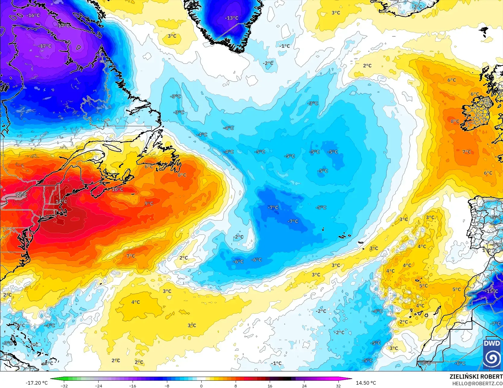ICON model - North Atlantic, Temperature at 850hPa Anomaly