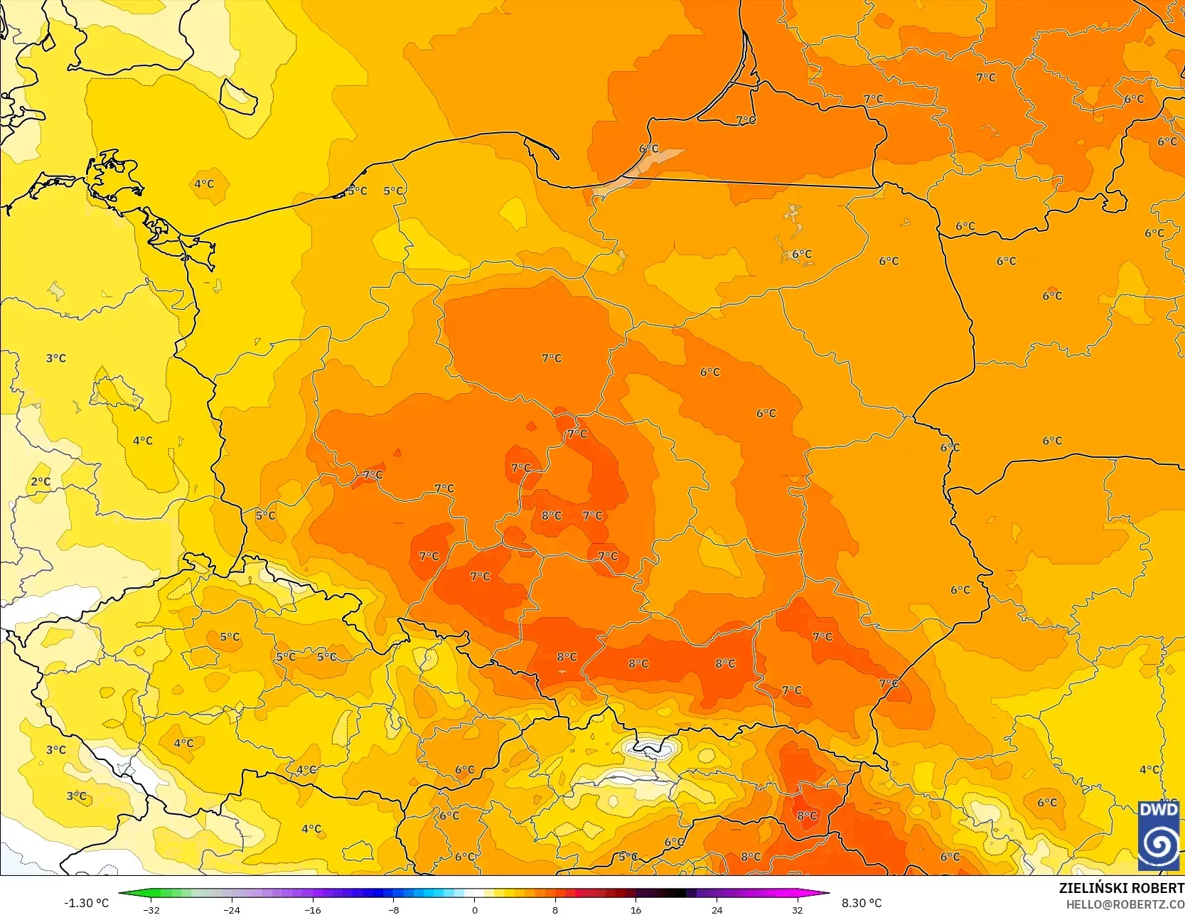 ICON model - Poland, Temperature at 850hPa Anomaly