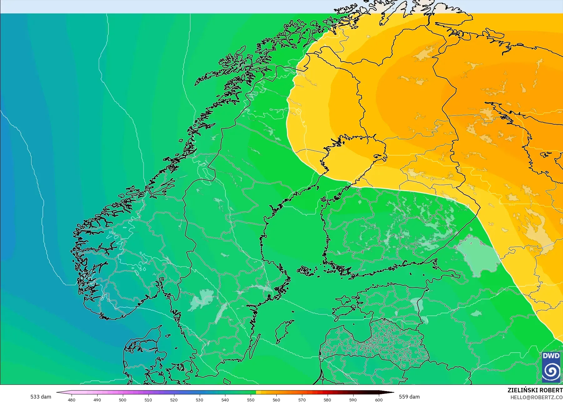 ICON model - Scandinavia, Geopotential height at 500hPa