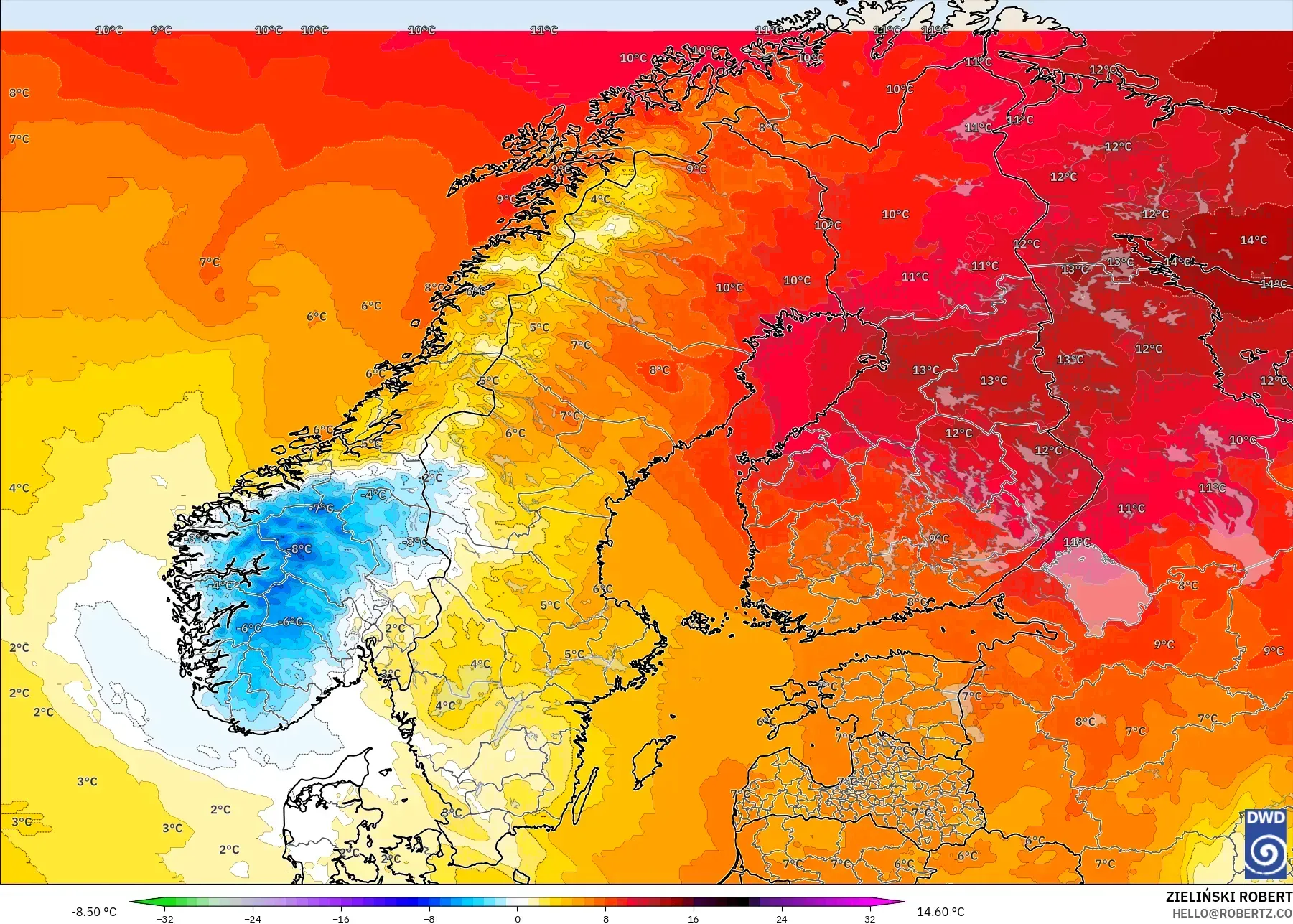 ICON model - Scandinavia, Temperature at 850hPa Anomaly