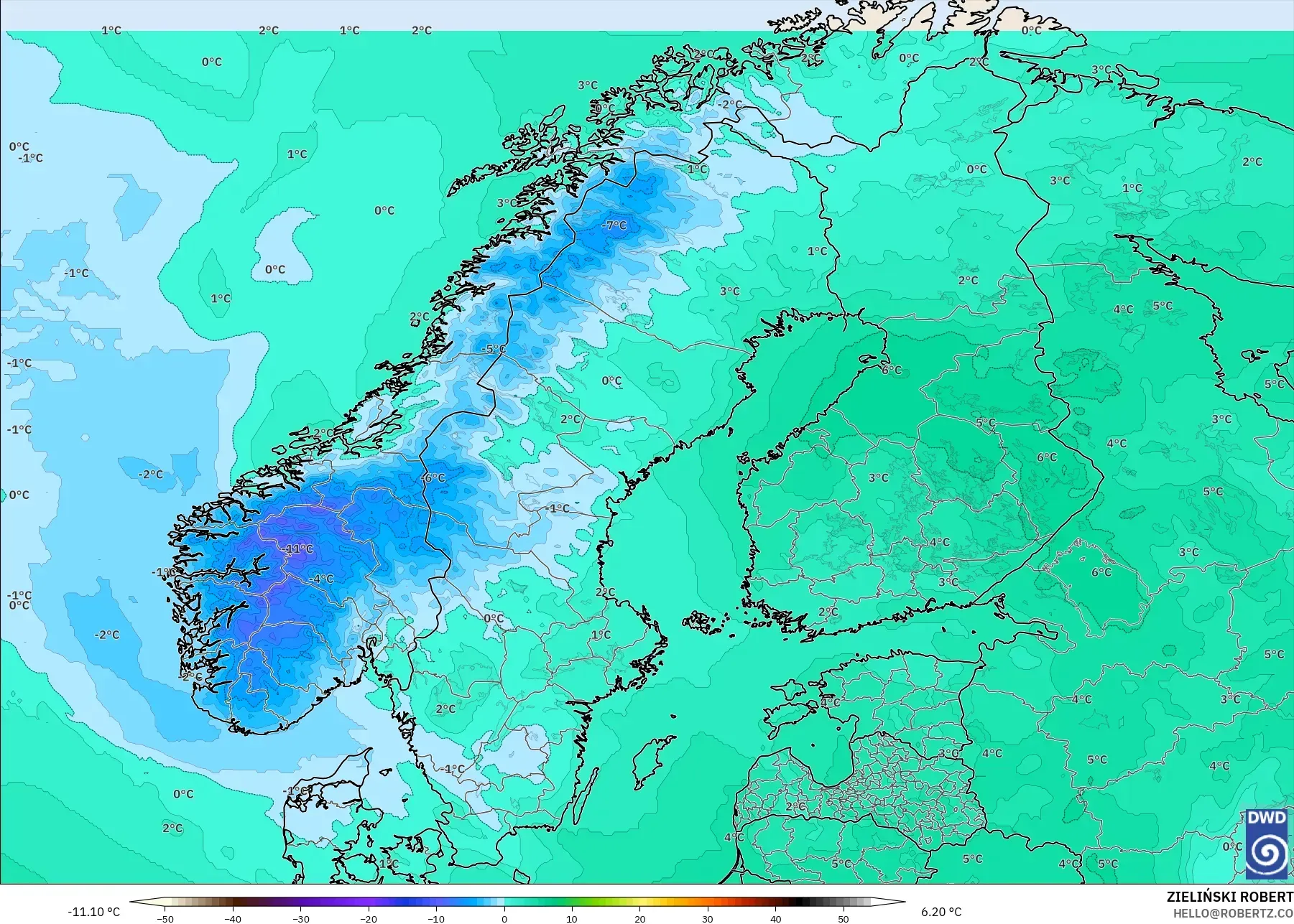 ICON model - Scandinavia, Temperature at 850hPa