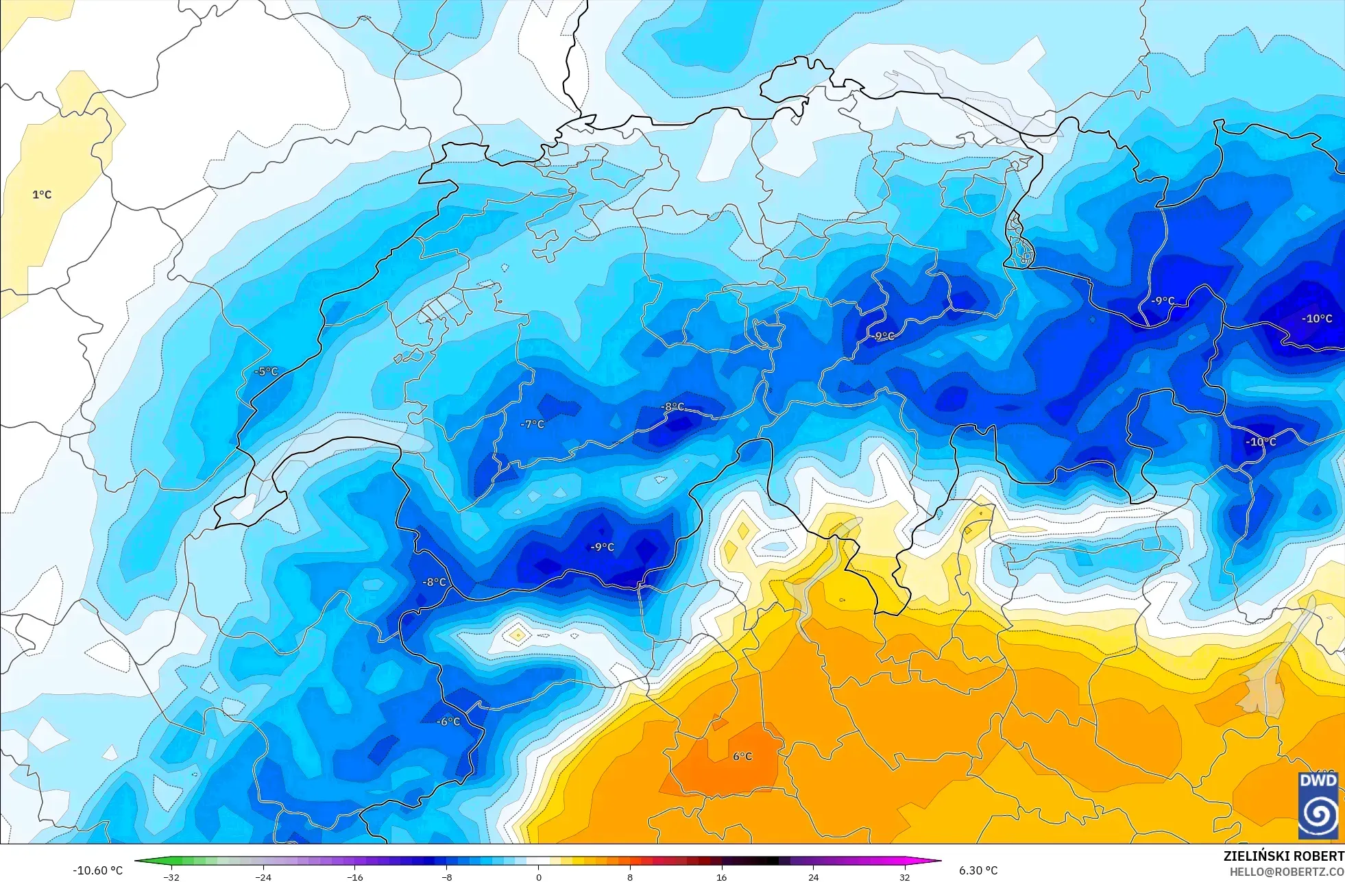 ICON model - Switzerland, Temperature at 850hPa Anomaly