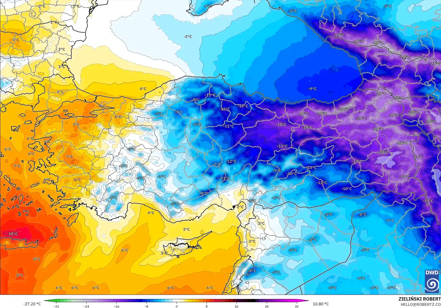ICON model - Turkey, Temperature at 850hPa Anomaly